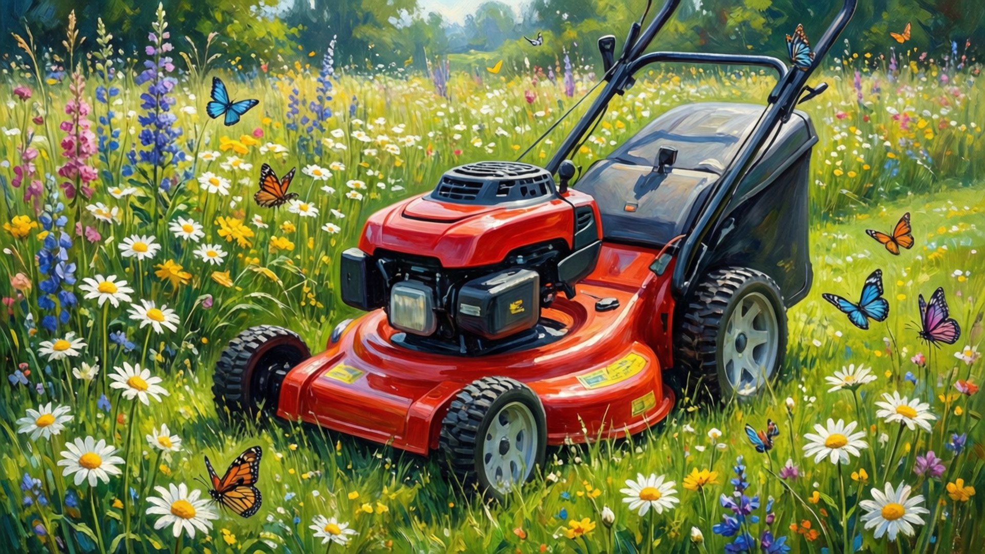 Mower in Wildflowers 壁紙 — 一部紅色割草機在充滿野花和蝴蝶飛舞的 vibrant 草地上休息，陽光明媚。
