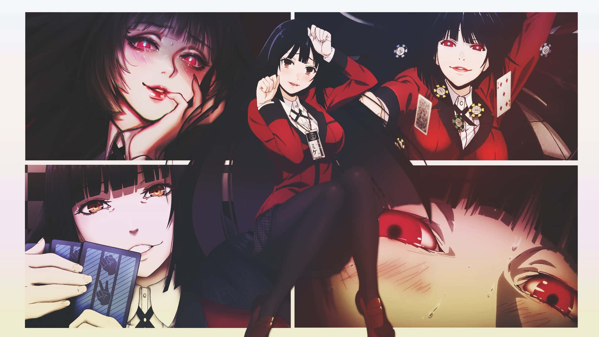  壁紙 — 紅眼黑髮的動漫女孩自信地穿著紅色校服，手持撲克牌。