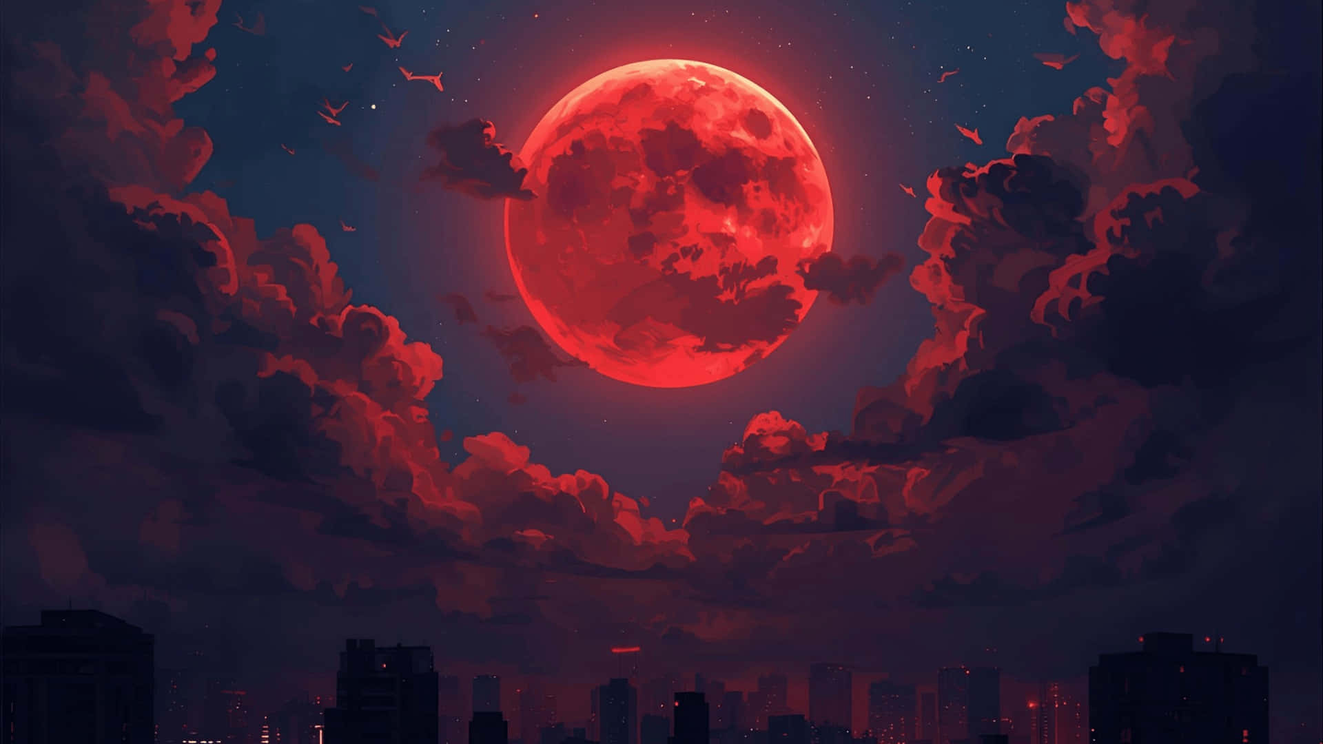  壁紙 — 一輪巨大的紅月透過烏雲發光，照耀著夜晚剪影般的城市景觀，蝙蝠飛翔。