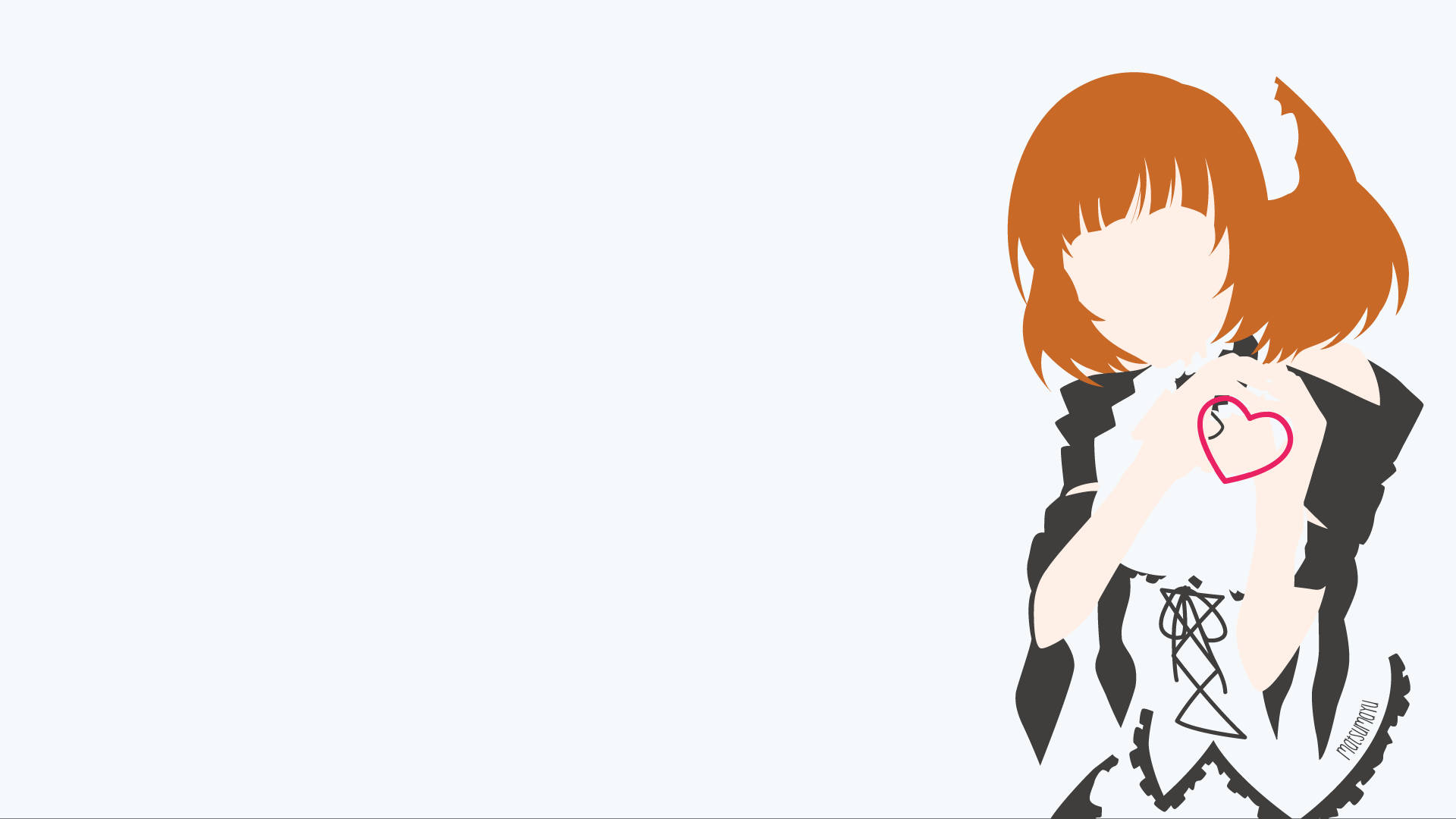 《我推的孩子》極簡風格 Honoka 壁紙 — 動漫女孩橙色頭髮，在純色淺色背景前將粉紅色心形放在臉上。