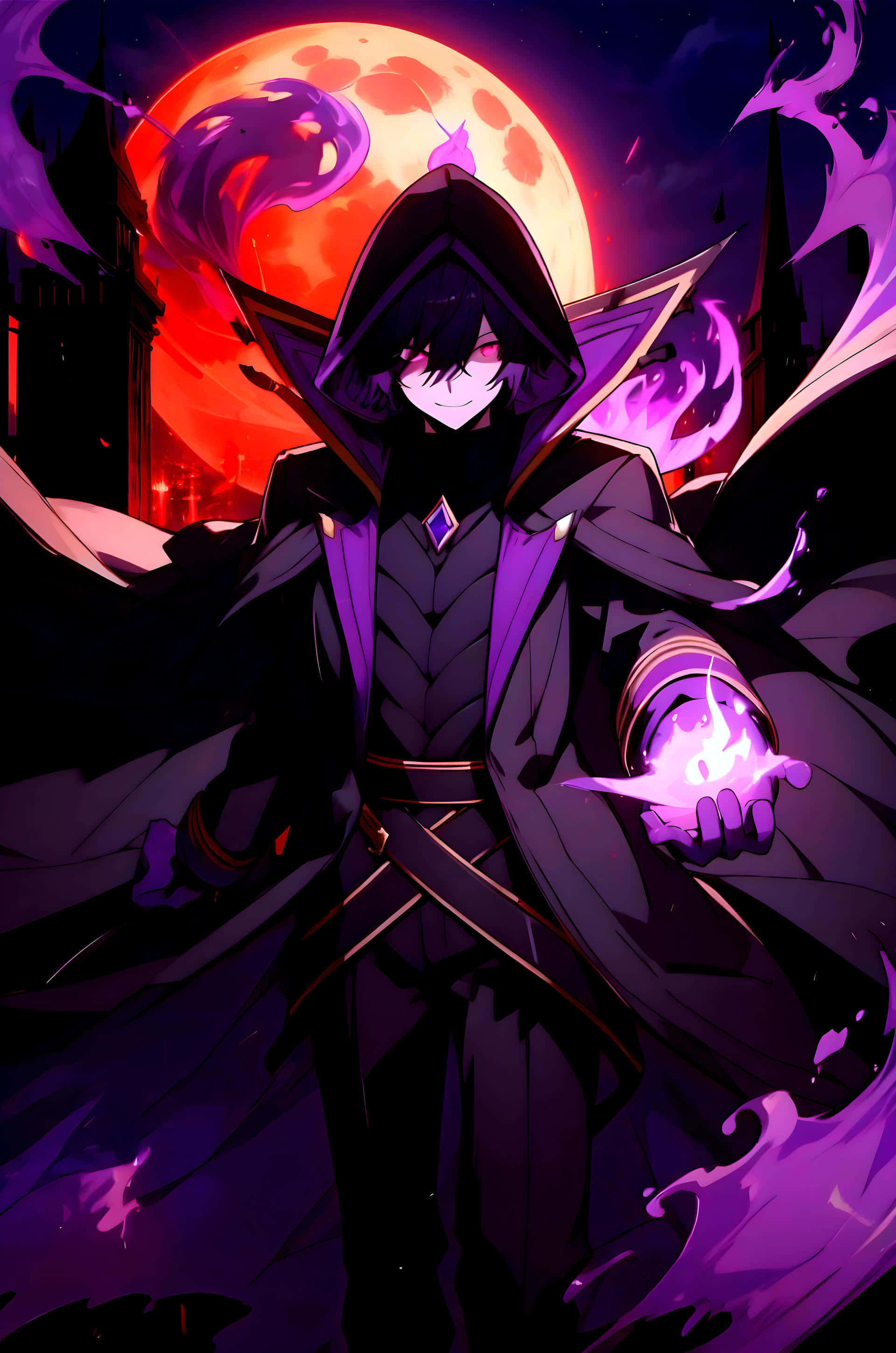 Bakugou Pfp 桌布 壁紙 — 一個戴著兜帽的動漫法師，擁有發光的紫色眼睛和一個漂浮的球體，站在黑暗奇幻城市景觀中巨大的紅色月亮前。