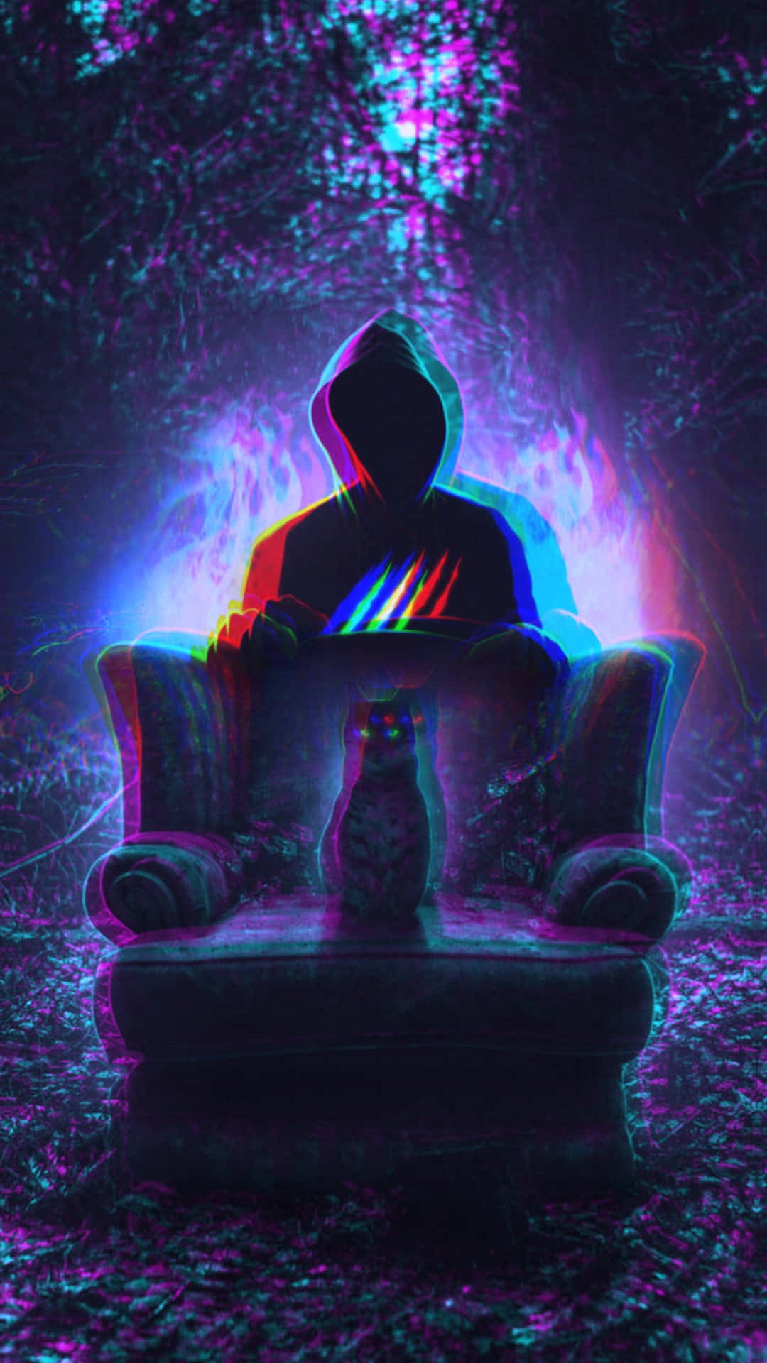 一個戴著兜帽的人坐在黑暗森林中的發光椅子上，旁邊有一隻貓頭鷹。