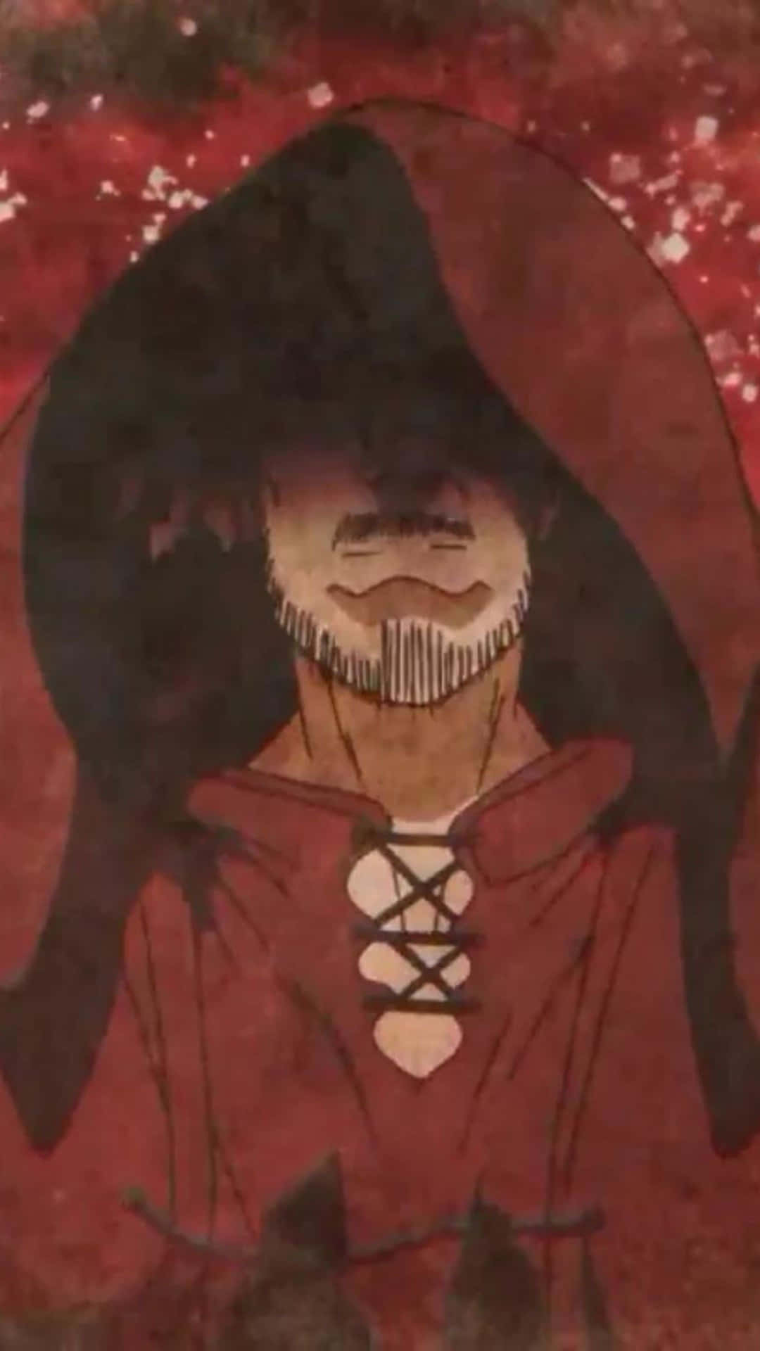  壁紙 — 一個戴著兜帽、留鬍子、身穿紅色繫帶長袍的人物，站在有紋理的深紅色背景前。