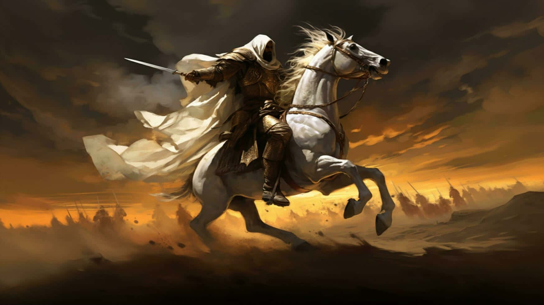  壁紙 — 一位戴著兜帽的騎士騎著一匹奔騰的白馬，在塵土飛揚的戰場上衝鋒，背景是熾熱的夕陽天空。
