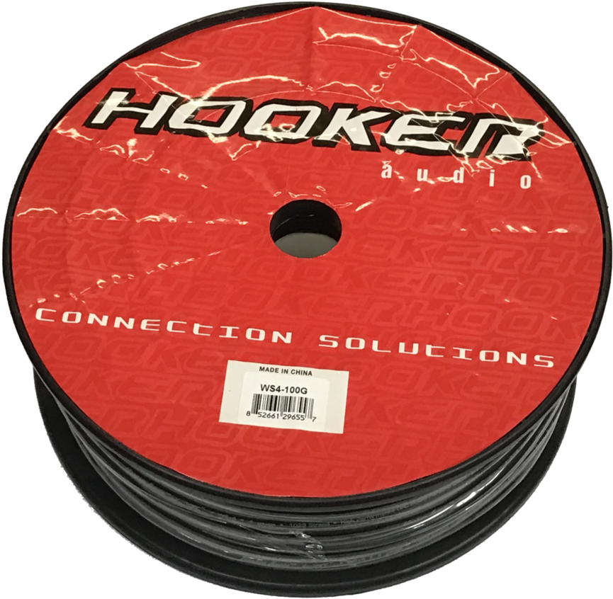 Hooker Audio電纜盤 壁紙 — 紅色Hooker Audio線軸上黑色喇叭線的特寫，帶有重複的品牌標誌和條碼標籤。