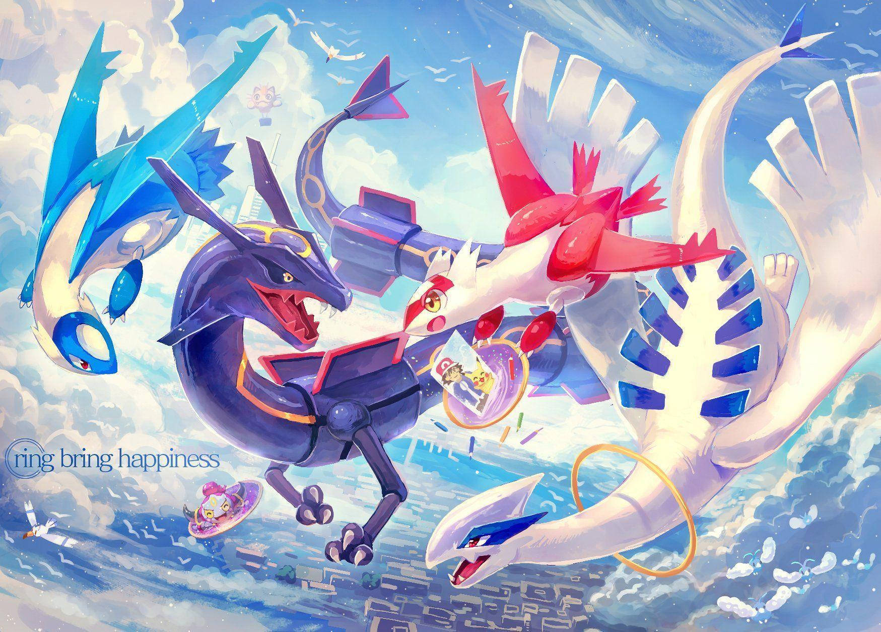 Hoopa 與雷吉艾斯同飛 壁紙 — 一幅動感十足的動漫風格插圖，描繪五隻傳說中的寶可夢在明亮的藍天中翱翔於城市景觀之上。