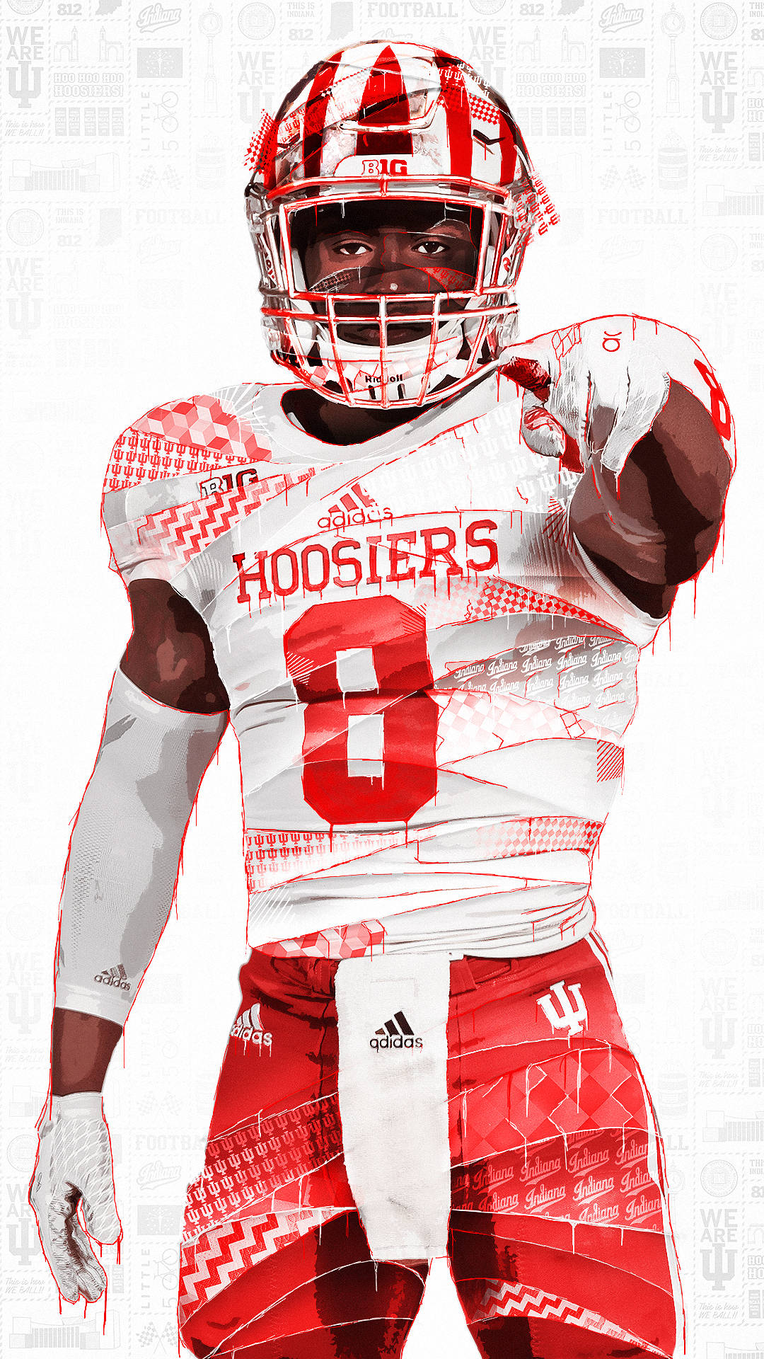 Hoosiers 大學美式足球員 壁紙 — 一位身穿紅白 Hoosiers 球衣、帶有幾何圖案和滴漆效果的數碼藝術足球員。