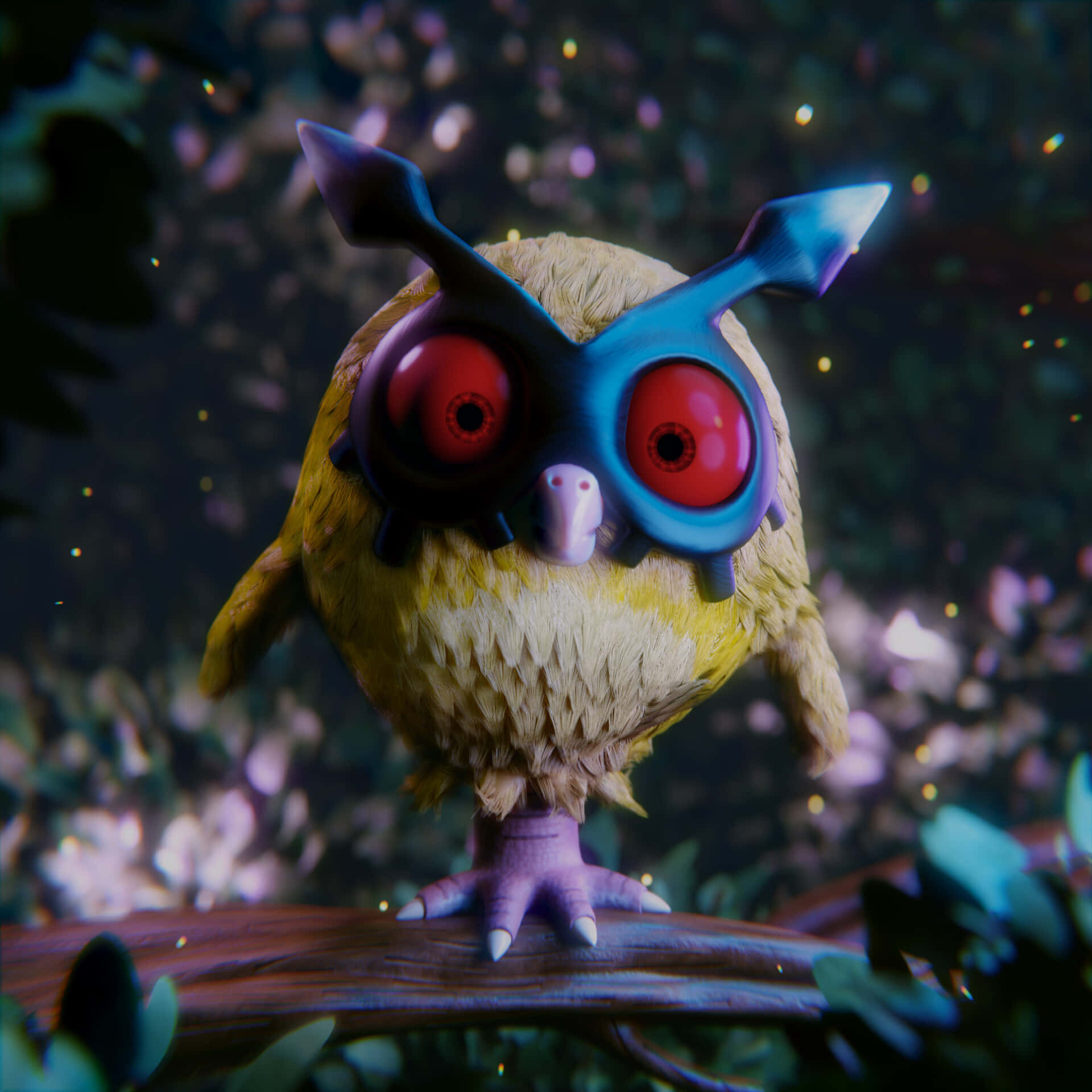 Hoothoot寶可夢的真實3D 壁紙 — 一隻風格化的黃色貓頭鷹，有著發光的紅色眼睛和藍色角狀頭飾，棲息在夜間魔法森林的樹枝上。