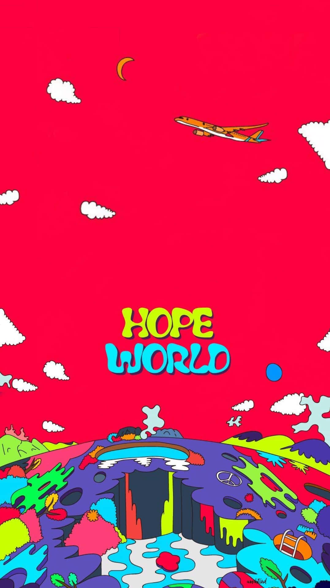 卡通風景，彩虹瀑布和飛機，下方有 hope world 文字。