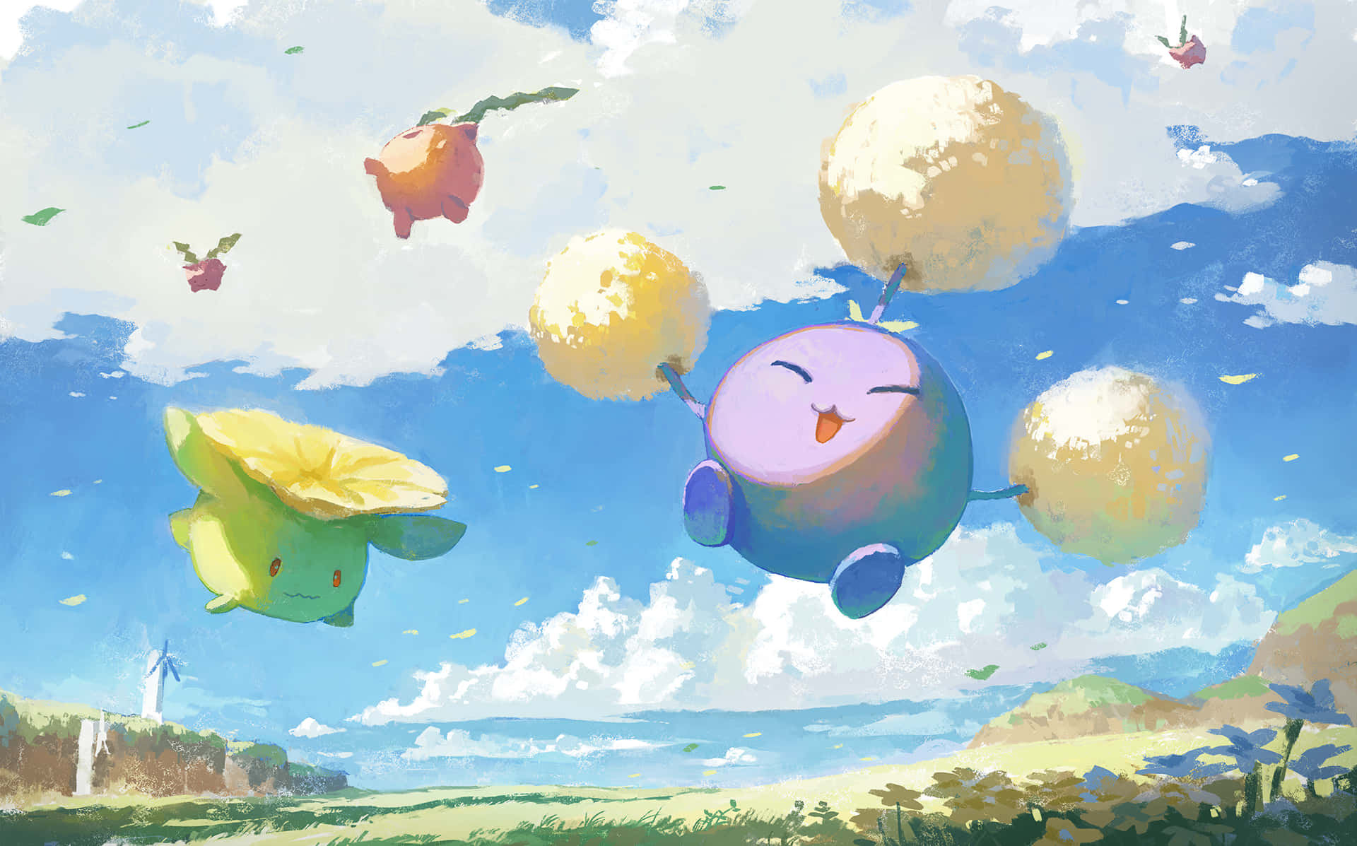 Hoppip、Skiploom 與 Jumpluff 壁紙 — 兩個可愛的卡通生物在明亮的藍天下，在蓬鬆的雲朵和漂浮的花朵之間快樂地漂浮。