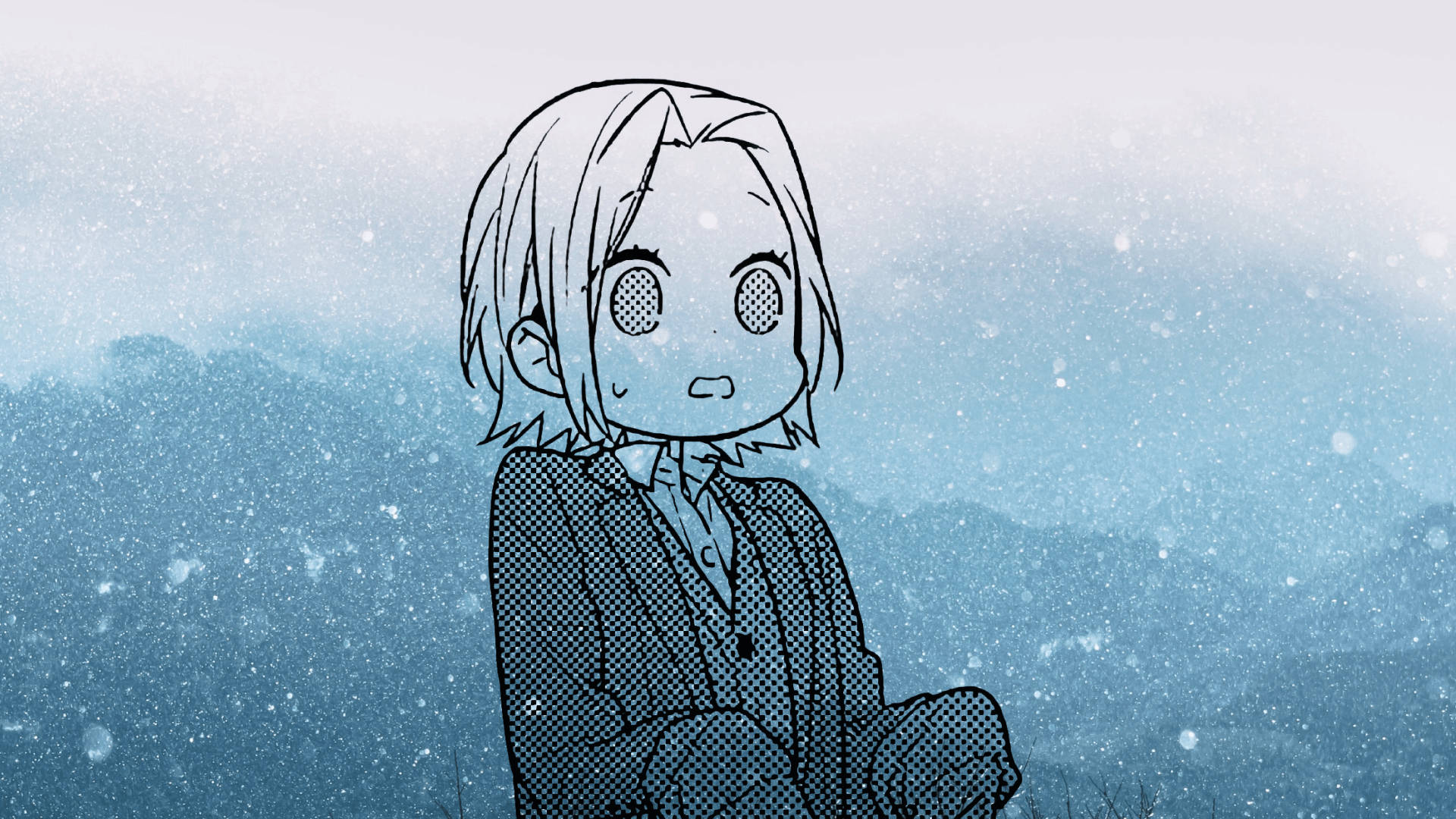Horimiya 吉川雪 壁紙 — 一個穿著校服的驚訝動漫女孩站在蒼藍天空下的雪山景觀中。