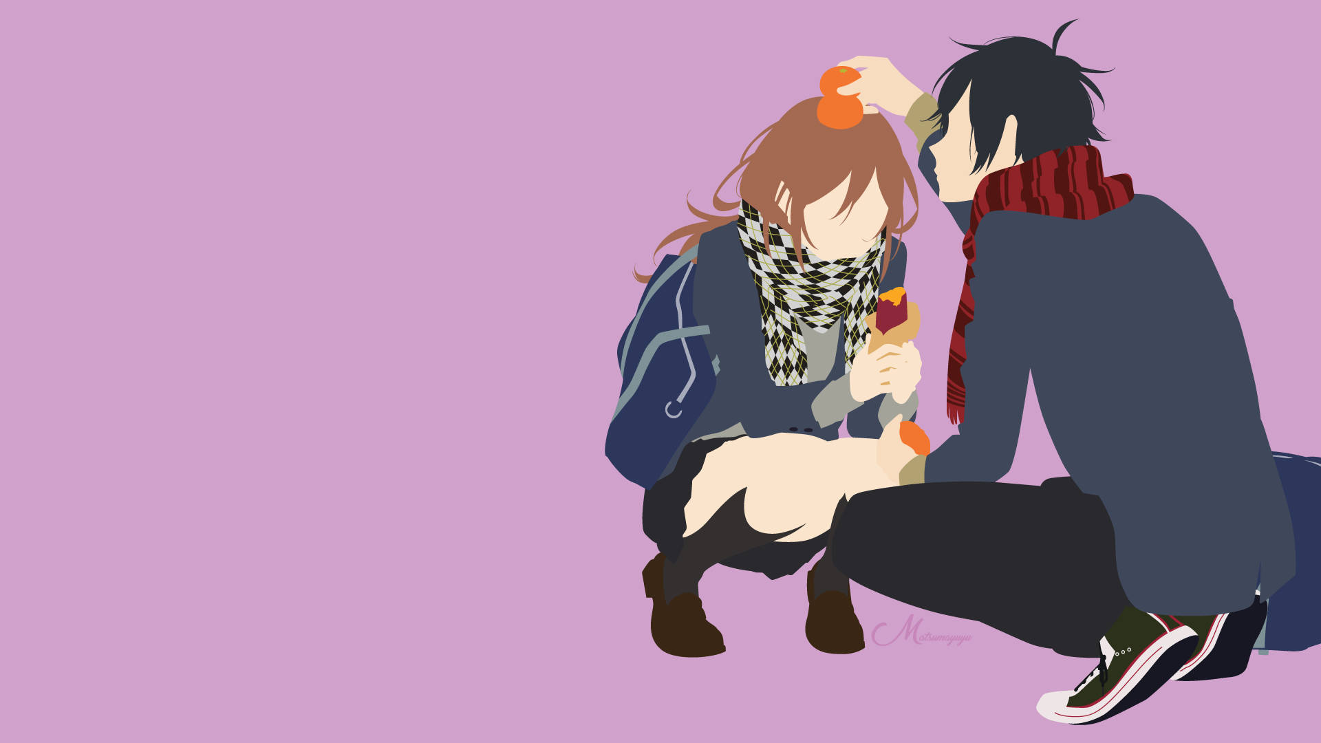 Horimiya 向量藝術情侶 壁紙 — 兩個動漫風格的青少年在柔和的紫色背景下分享雪糕，氣氛溫馨。