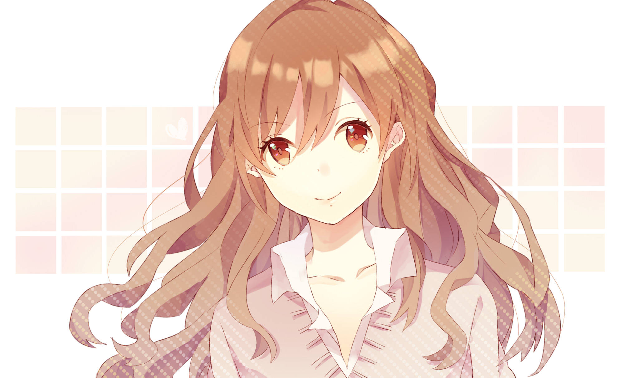 Horimiya 堀京子微笑 壁紙 — 一個開朗的動漫女孩，長長嘅棕色頭髮同溫暖嘅眼睛，喺柔和嘅粉彩網格背景上溫柔咁微笑。