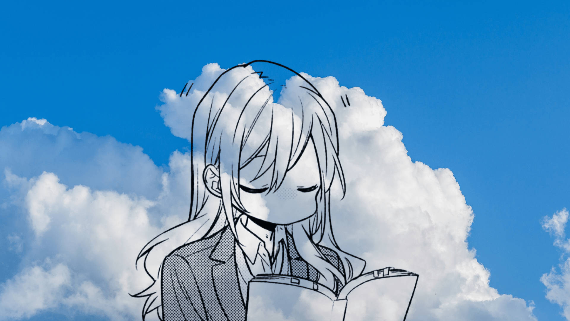 Horimiya 堀京子雲中閱讀 壁紙 — 一個漫畫風格的女孩閉著眼睛在明亮的藍天和蓬鬆的白雲下看書。
