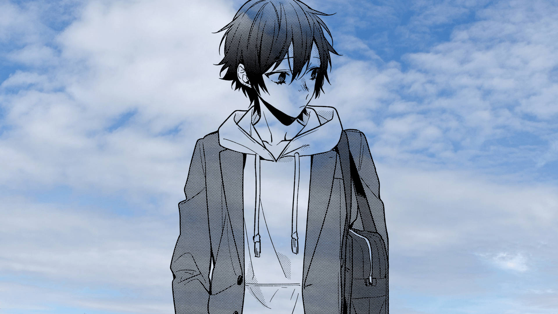 Horimiya 宮村伊澄雲中凝望 壁紙 — 一個穿著連帽衫和外套的年輕動漫男孩站在明亮的藍天下，有蓬鬆的白雲。