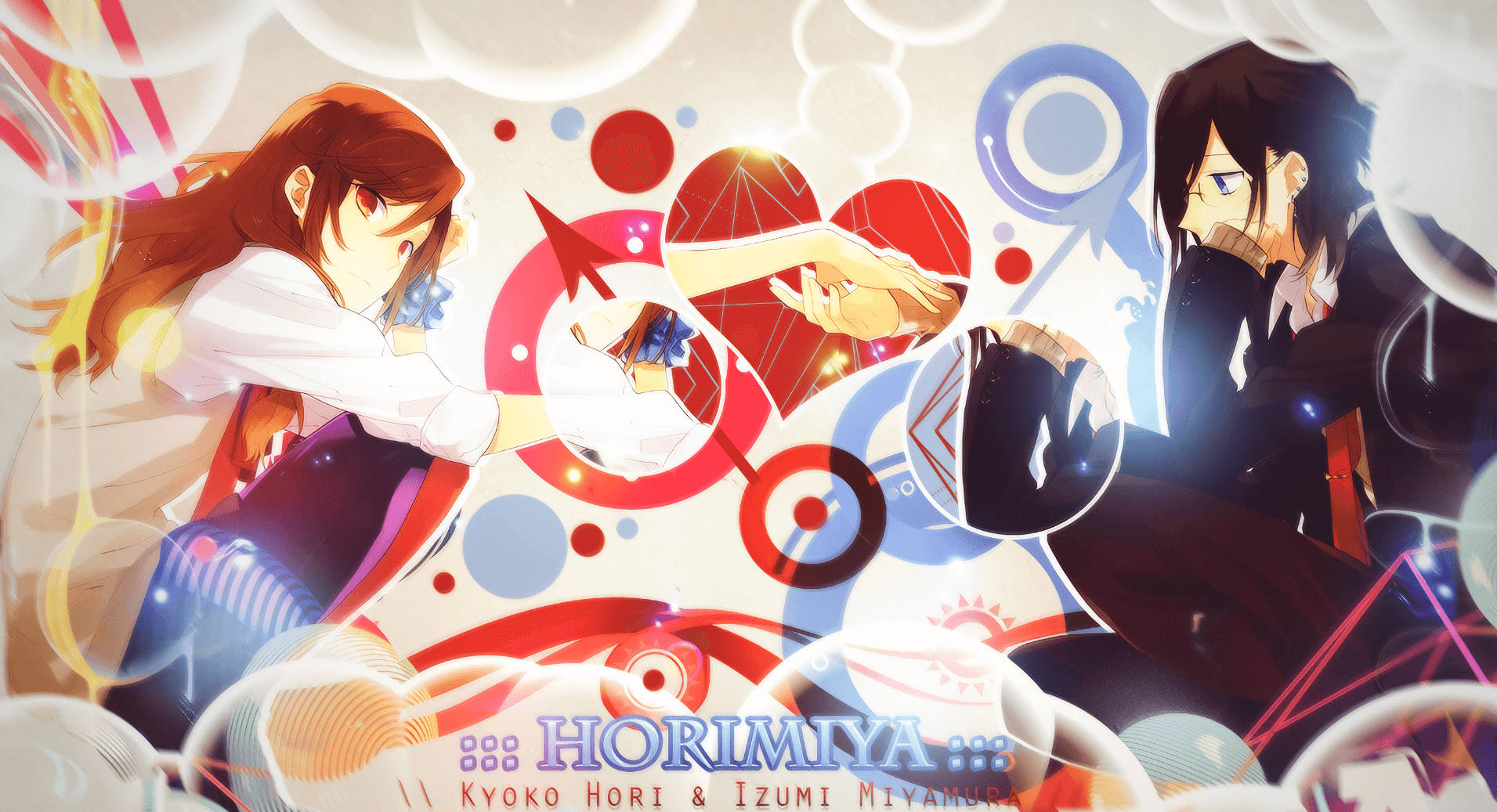 Horimiya 情侶牽手 壁紙 — 兩個動漫角色穿過色彩繽紛的抽象氣泡，構成充滿活力的動態畫面。