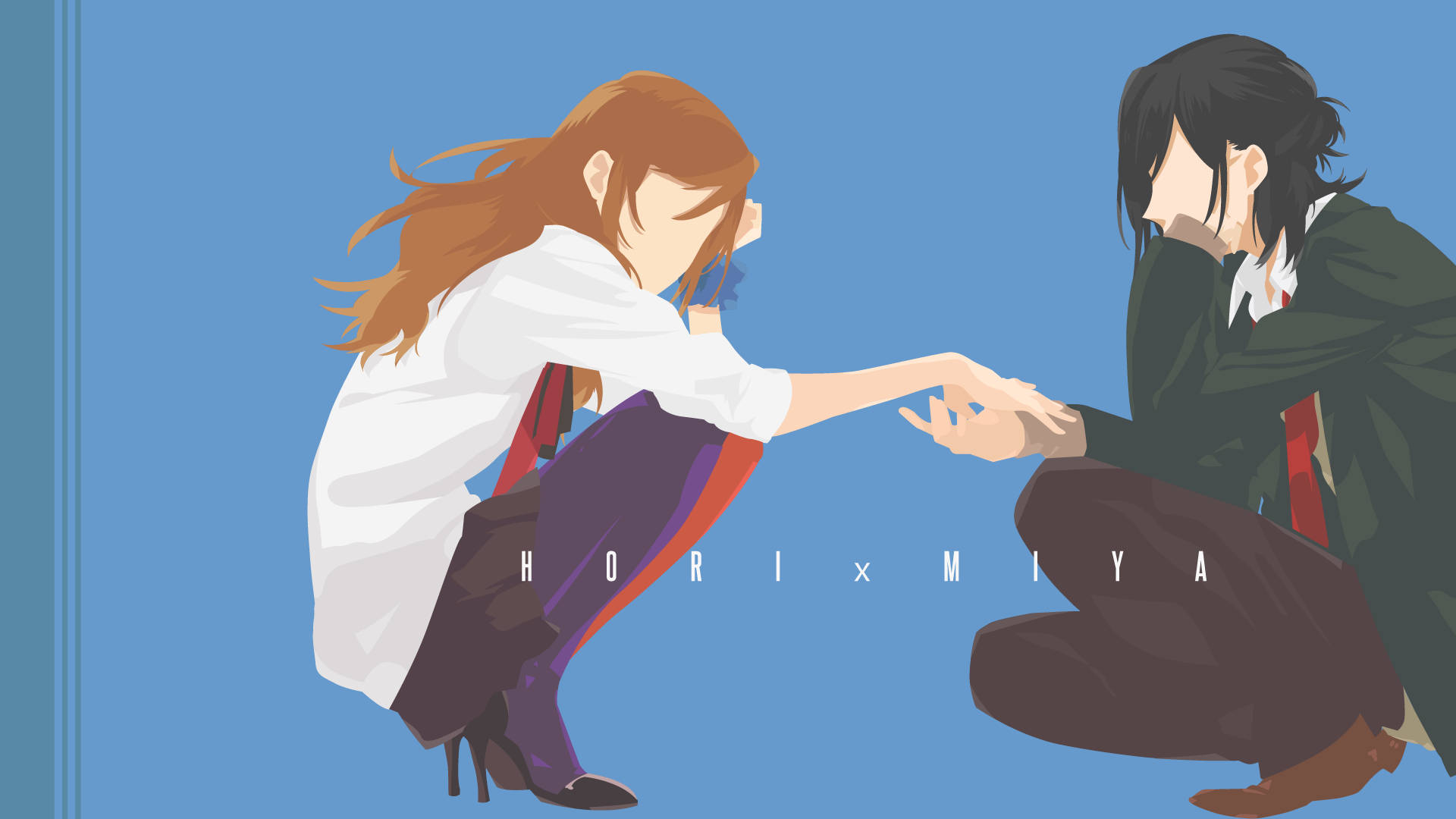 Horimiya 數位藝術剪影 壁紙 — 兩個動漫角色穿著校服，在純藍色背景上互相伸手，並帶有文字。