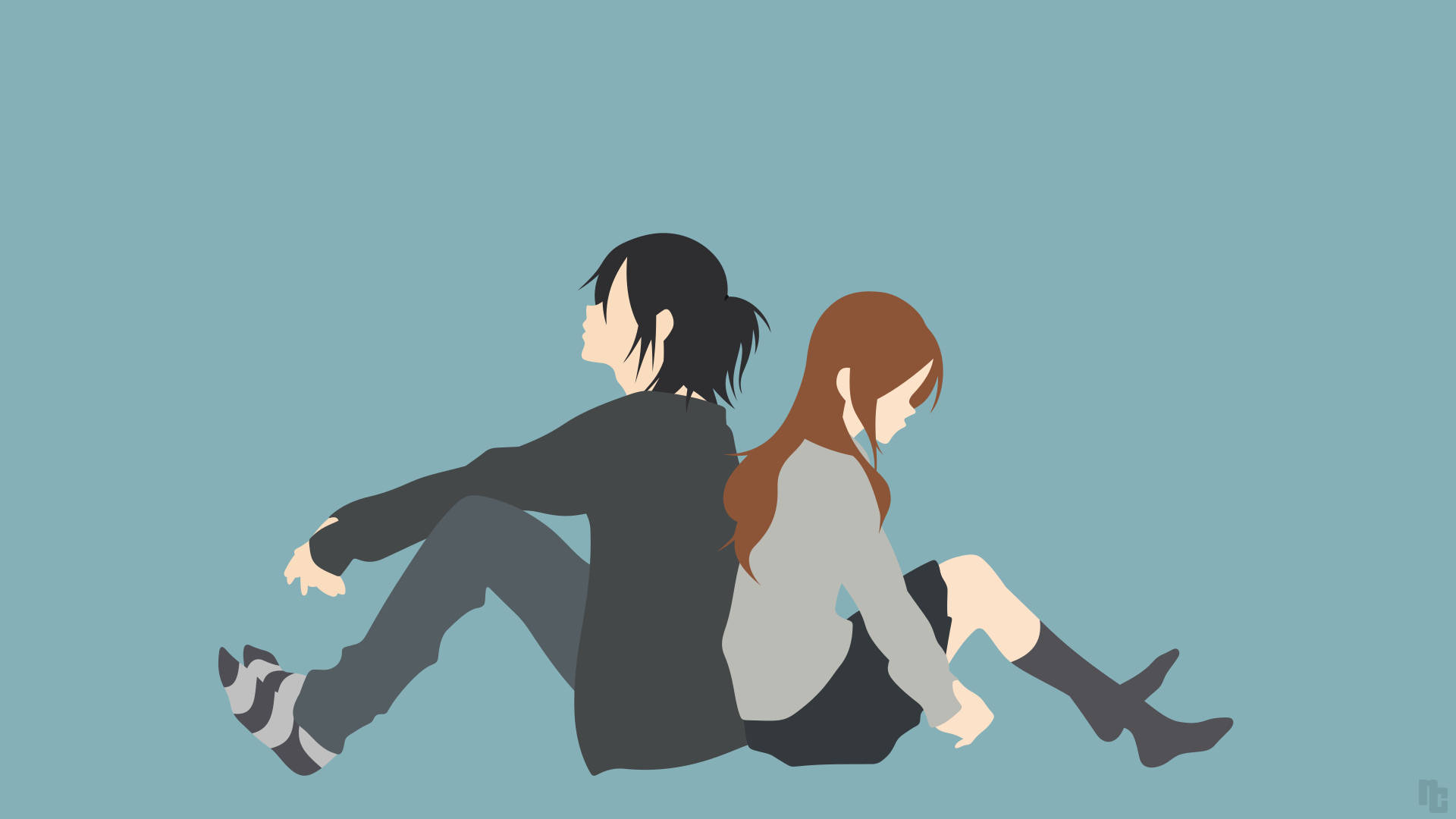 Horimiya 數位藝術情侶 壁紙 — 兩個動漫風格的青少年背對背坐在純青色背景上，一個黑髮，一個棕髮，都穿著休閒服。