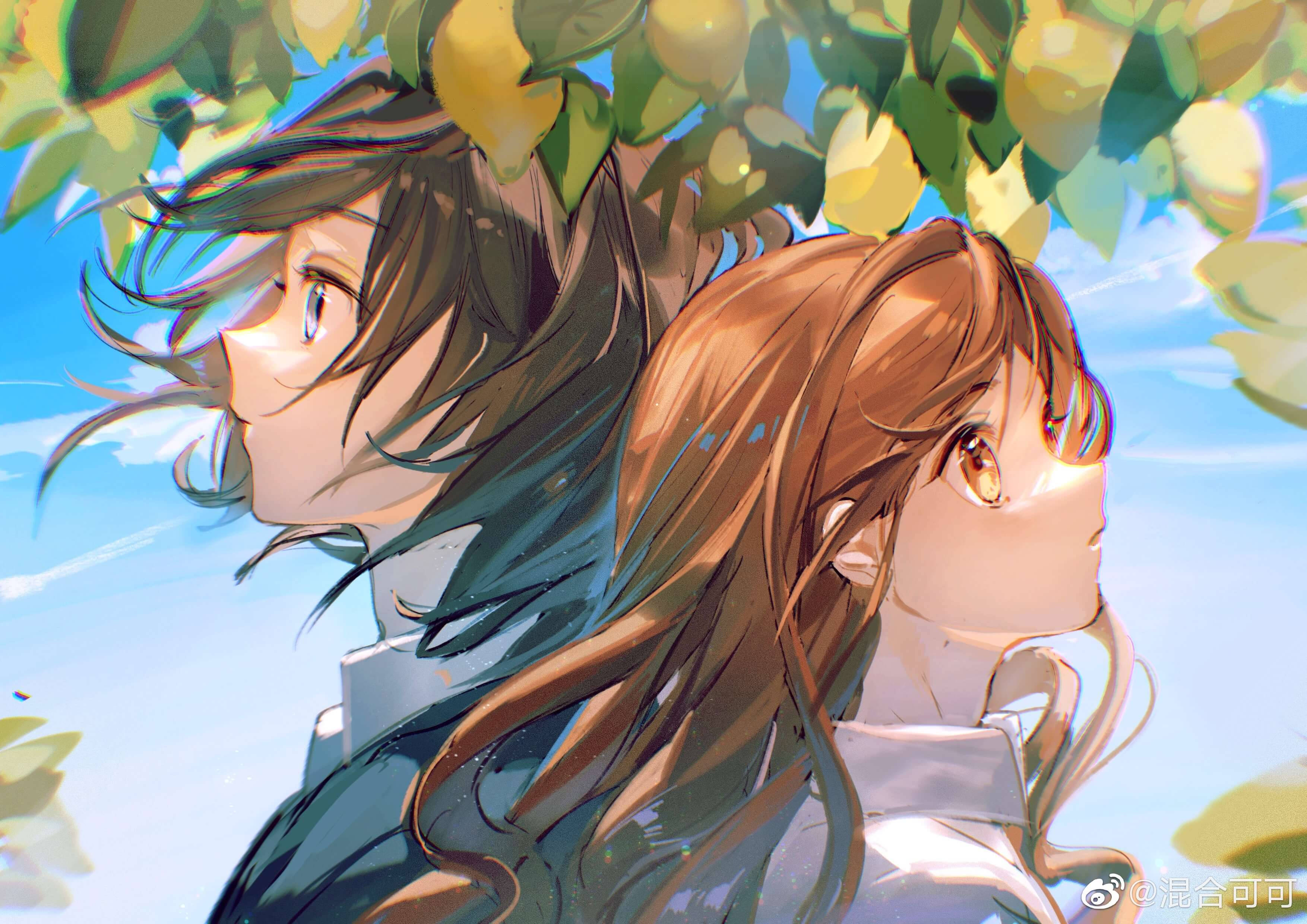 Horimiya 樹下情侶 壁紙 — 兩個動漫女孩，長髮飄逸，在綠葉和黃色果實的樹冠下仰望明亮的藍天。