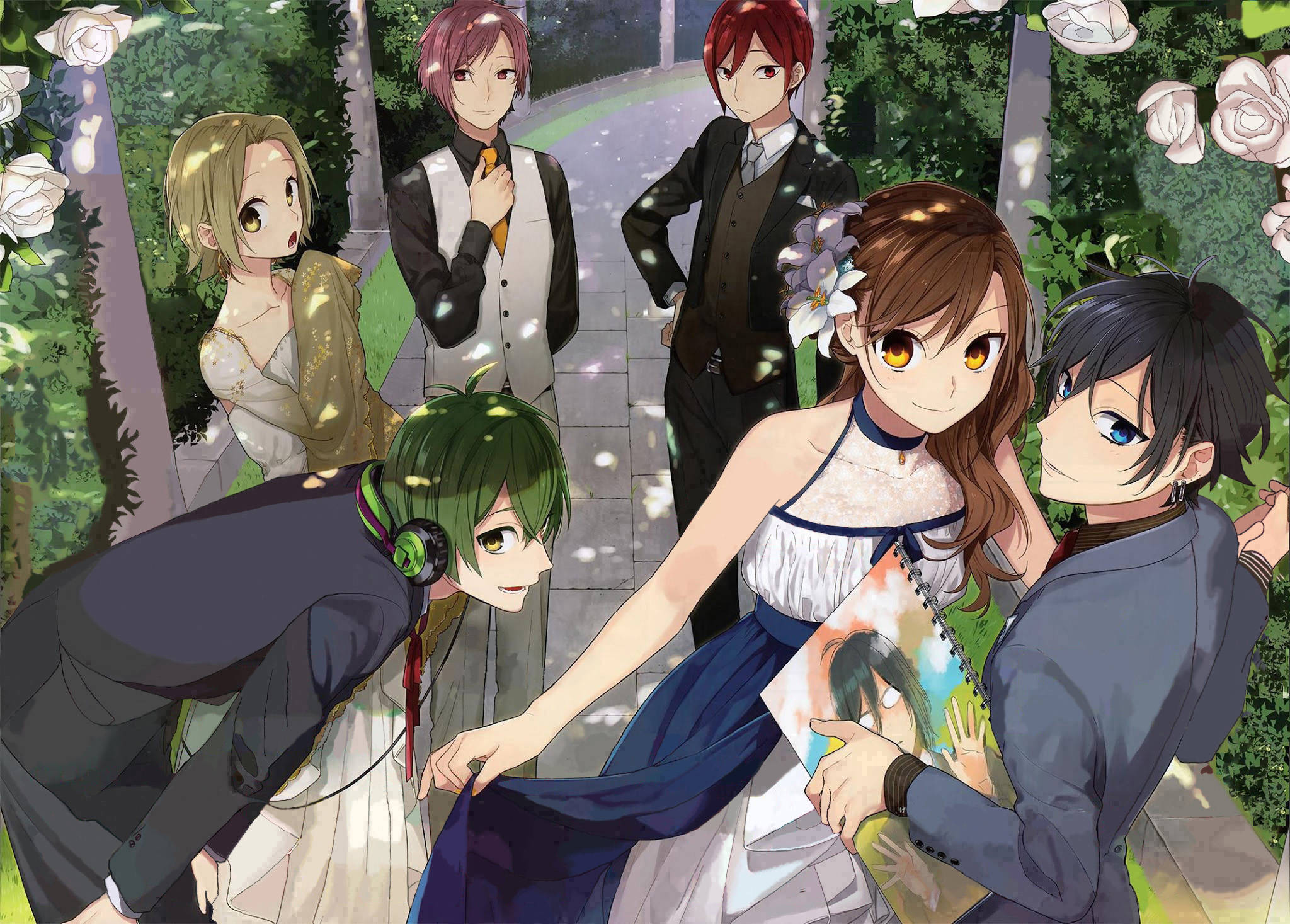 Horimiya 正裝角色 壁紙 — 六個穿著正式服裝的動漫角色聚集在玫瑰拱門下，花園裡花瓣飄落。