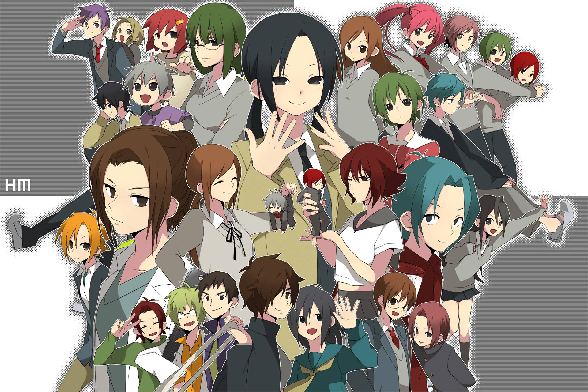 Horimiya 角色拼貼畫 壁紙 — 一群穿著校服的動漫學生在條紋灰色背景前開心地擺姿勢。