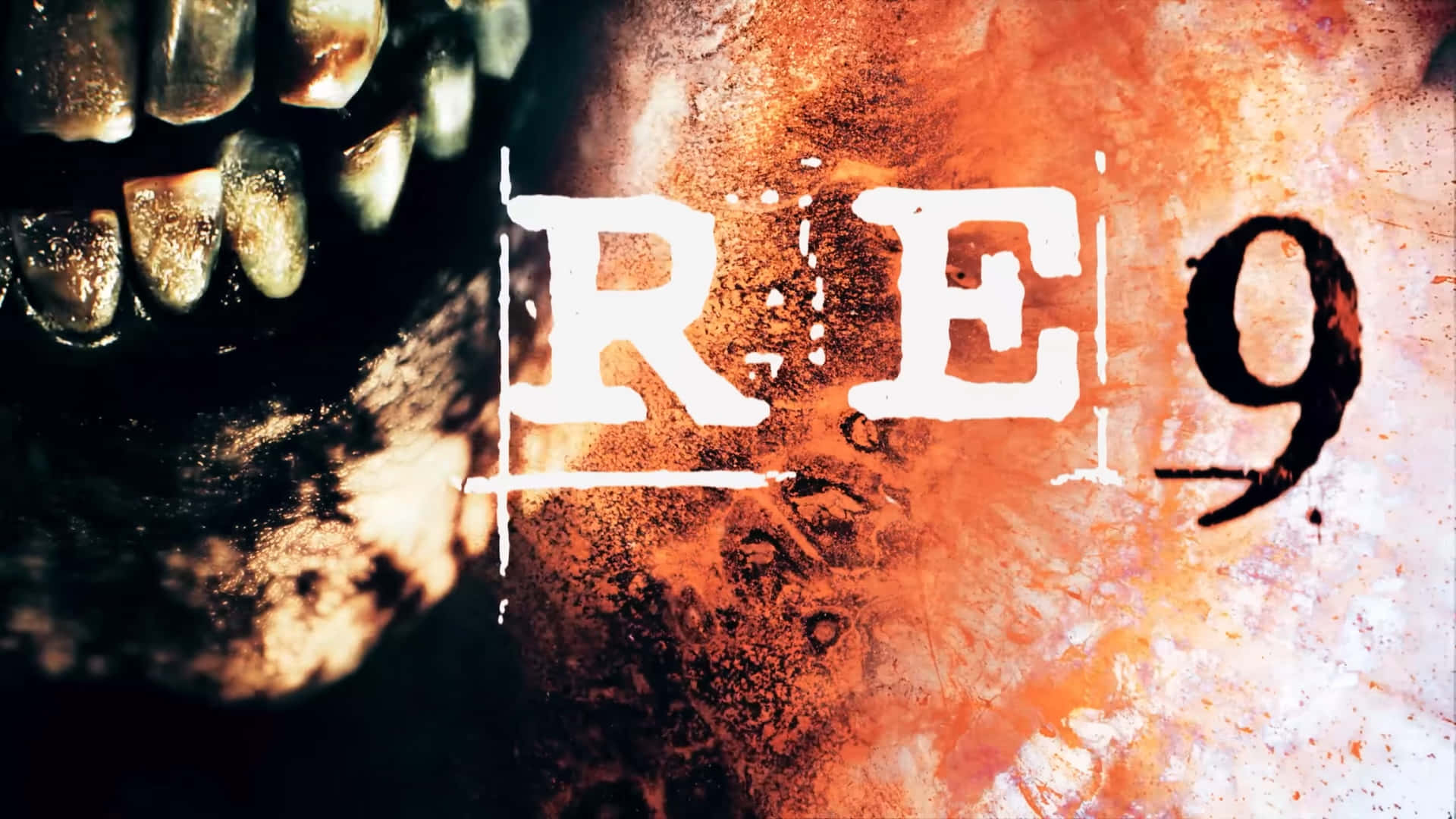  壁紙 — 一個恐怖遊戲標誌 RE9，帶有腐爛的頭骨和血跡，背景是火熱的橙色。