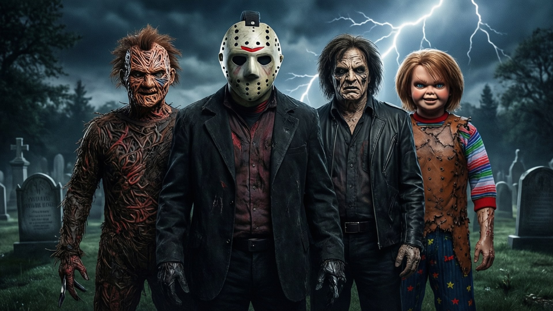 Horror Villains United 壁紙 — 四個標誌性恐怖反派在閃電交加的暴風雨墓地中威嚇地站立。