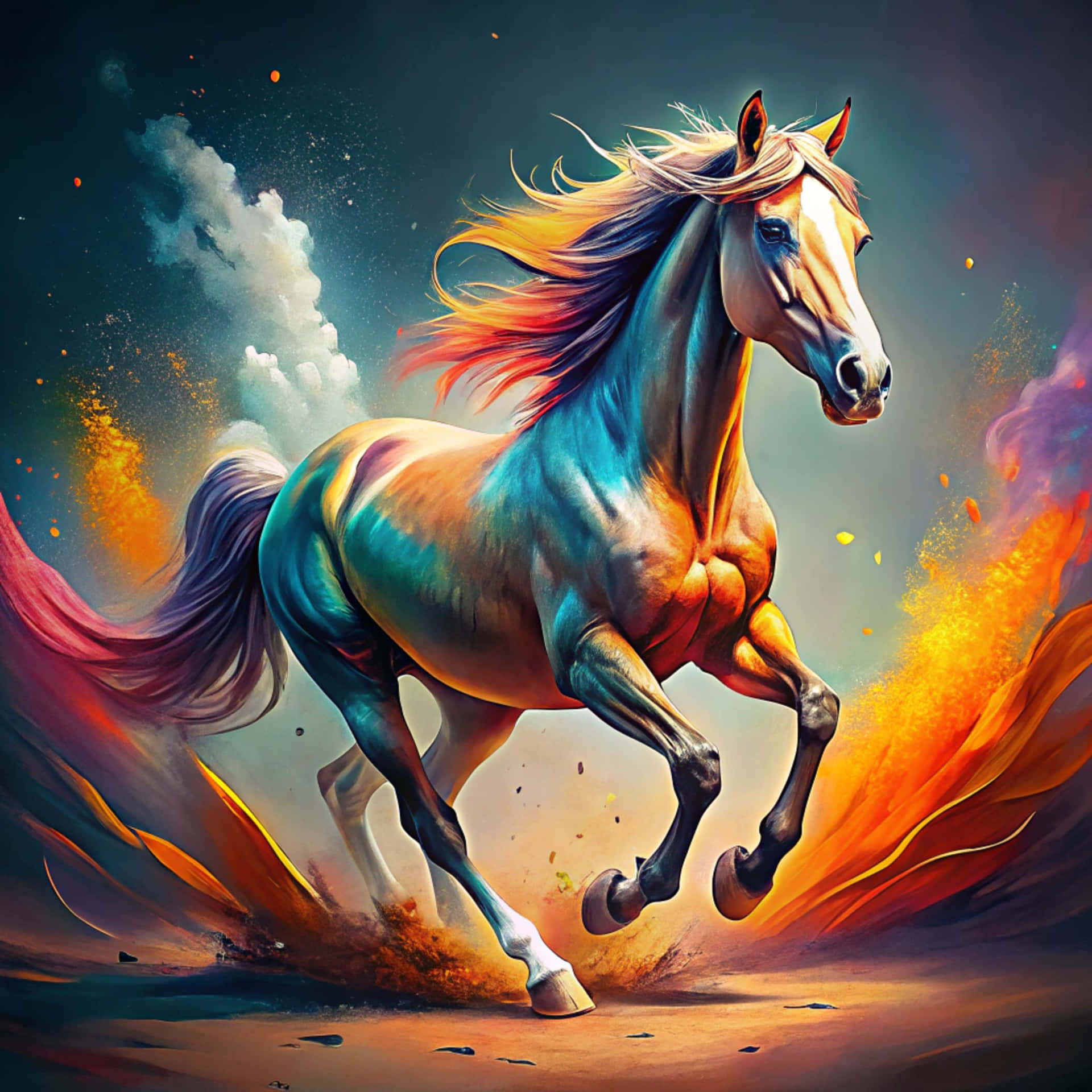 一匹色彩繽紛的馬在星空下穿過火焰和塵埃奔跑