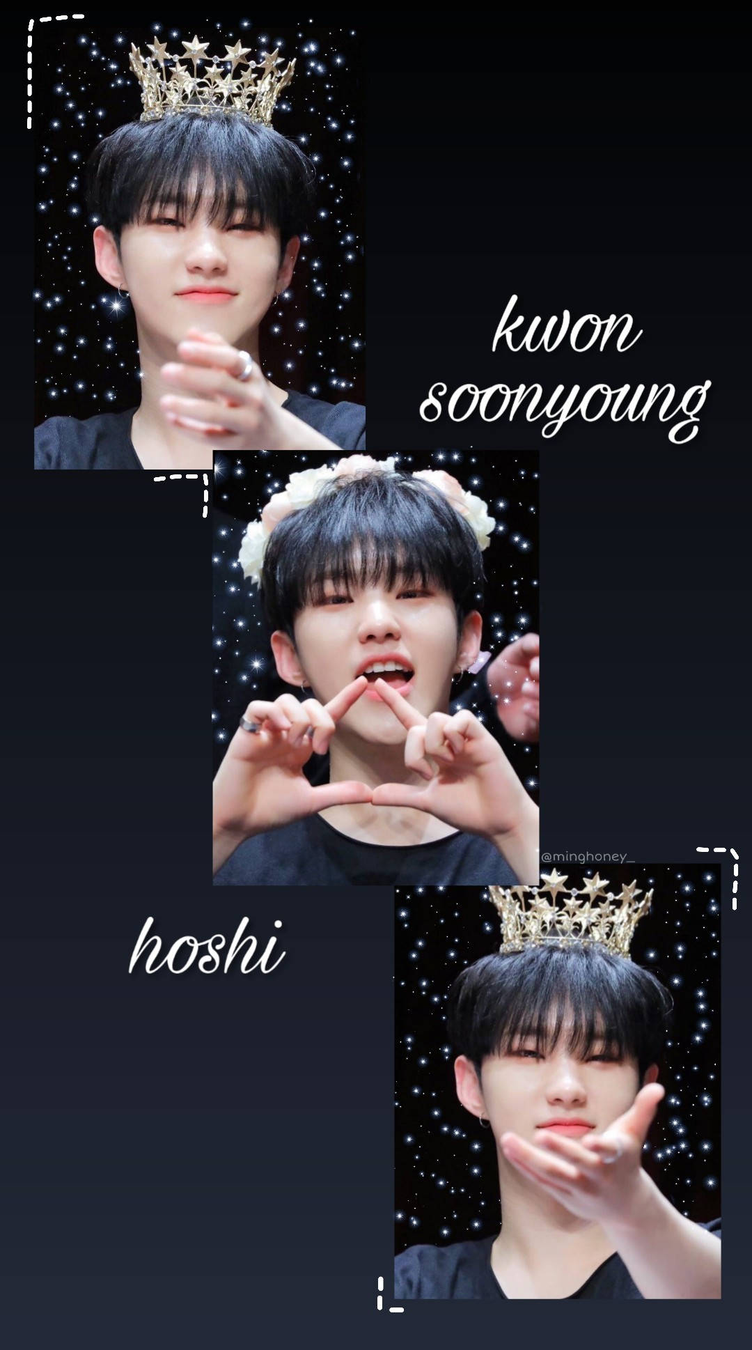 Hoshi Kwon Soon Young 壁紙 — 三張K-pop偶像權順榮和Hoshi戴著皇冠，背景是閃爍星空的照片。