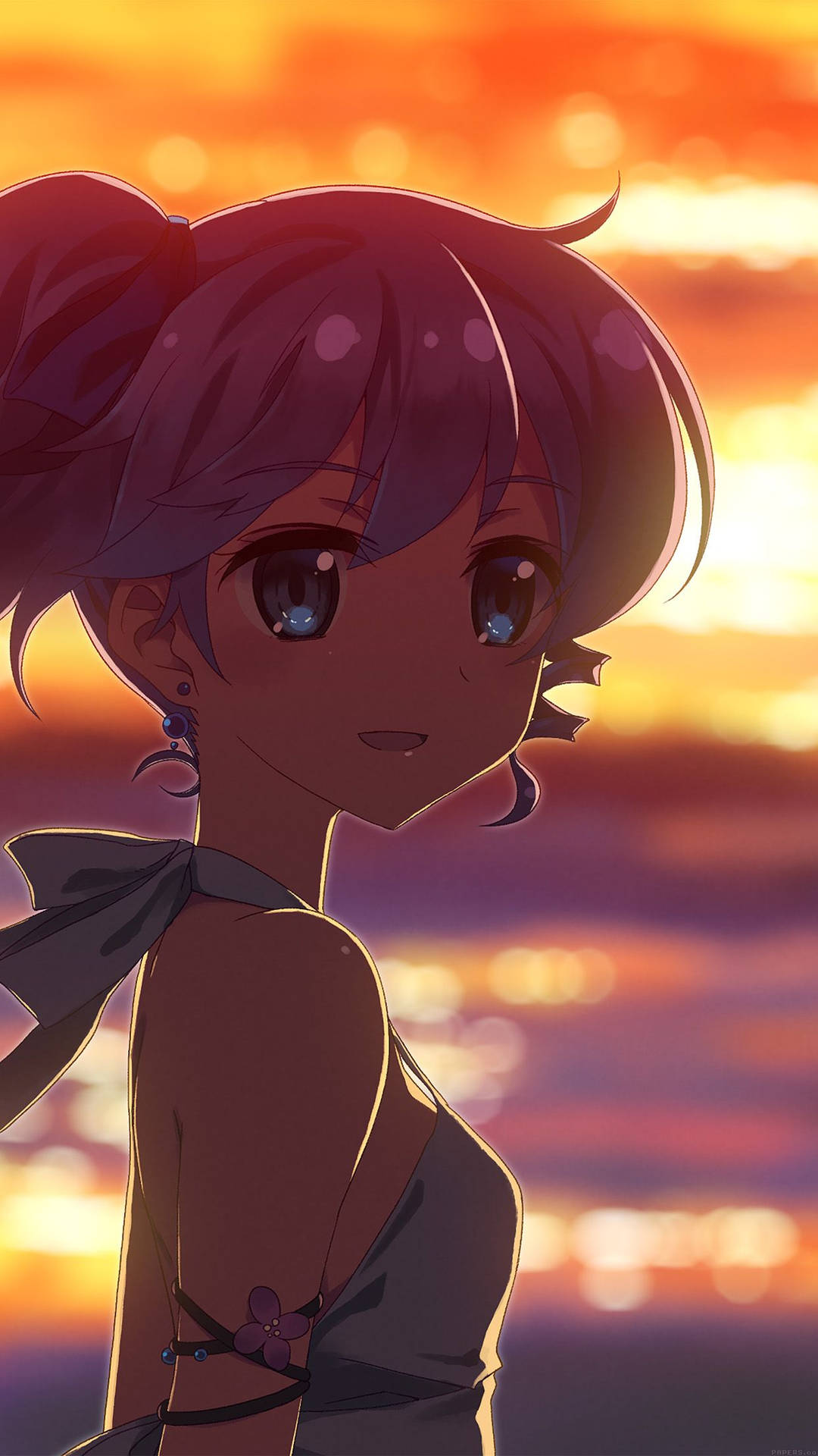 紫髮蝴蝶結動漫女孩看著夕陽。