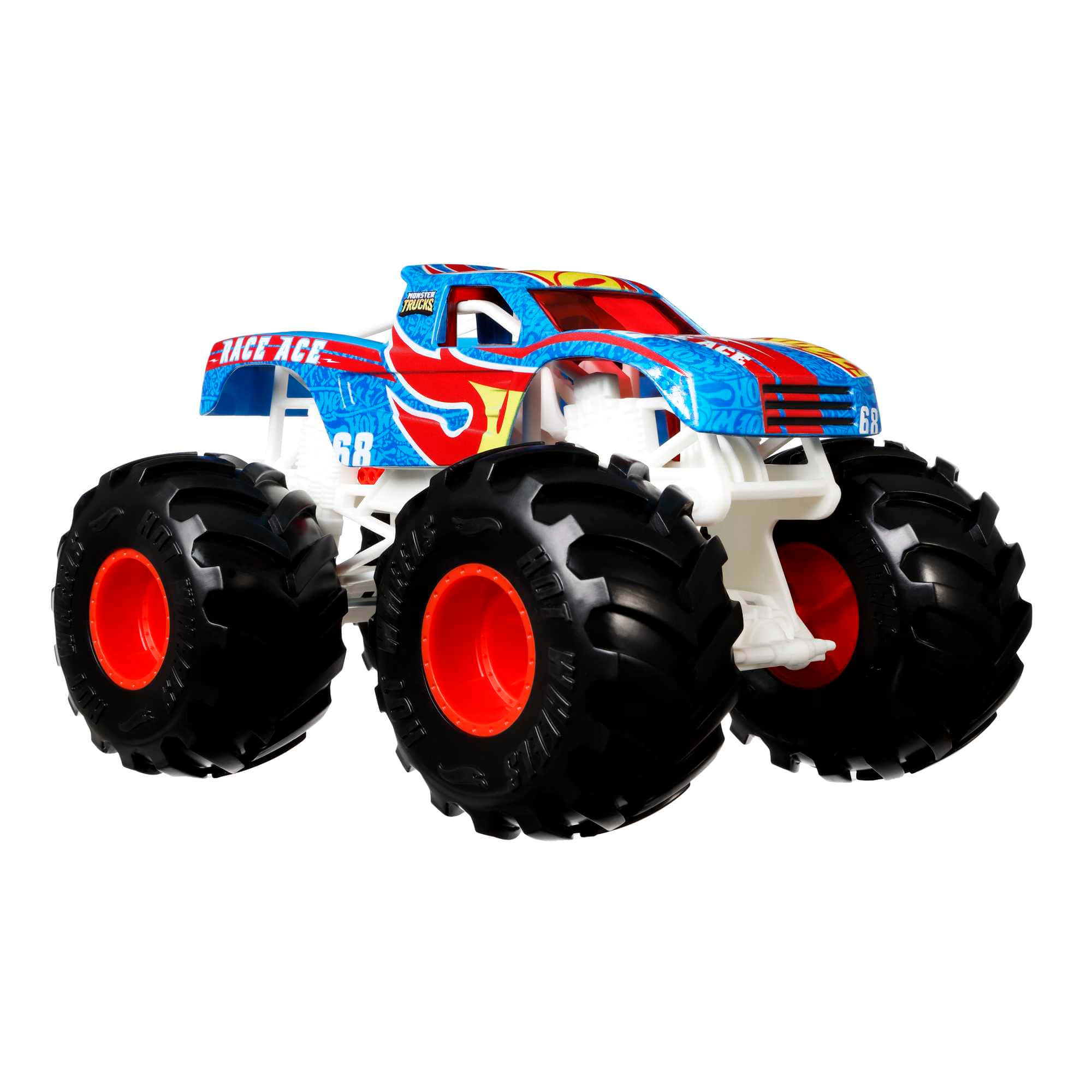 Hot Wheels 1:24 怪物卡車模型 壁紙 — 一個鮮豔的藍色、紅色和白色怪獸卡車玩具，帶有巨大的黑色輪胎和橙色輪圈，背景為純白色。