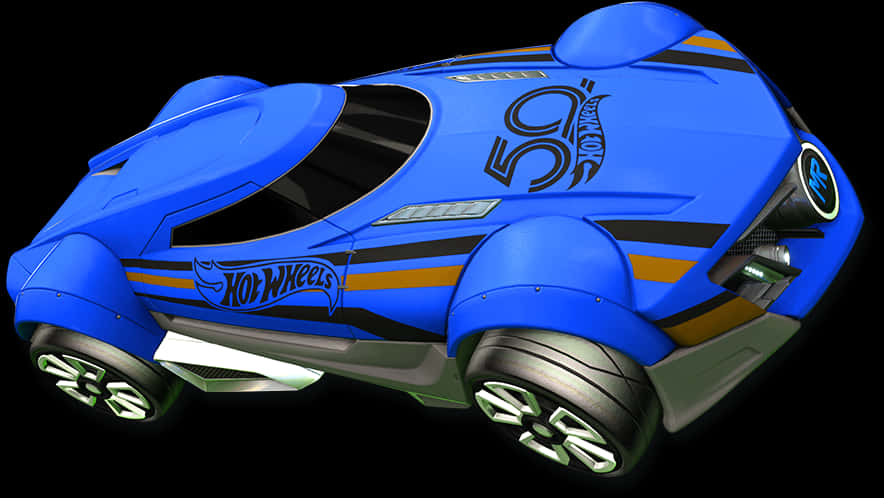 火箭聯賽 Hot Wheels 藍色賽車 壁紙 — 一輛帶有黑色和橙色條紋的充滿活力的藍色風火輪火箭車在黑色背景上發光。