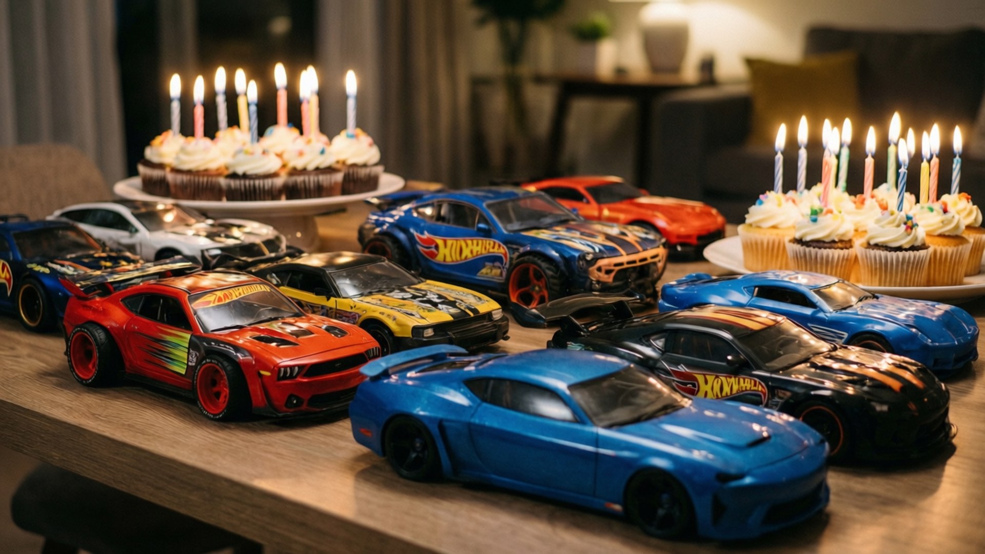 Hot Wheels玩具車和插著點燃蠟燭的生日杯子蛋糕在木桌上。