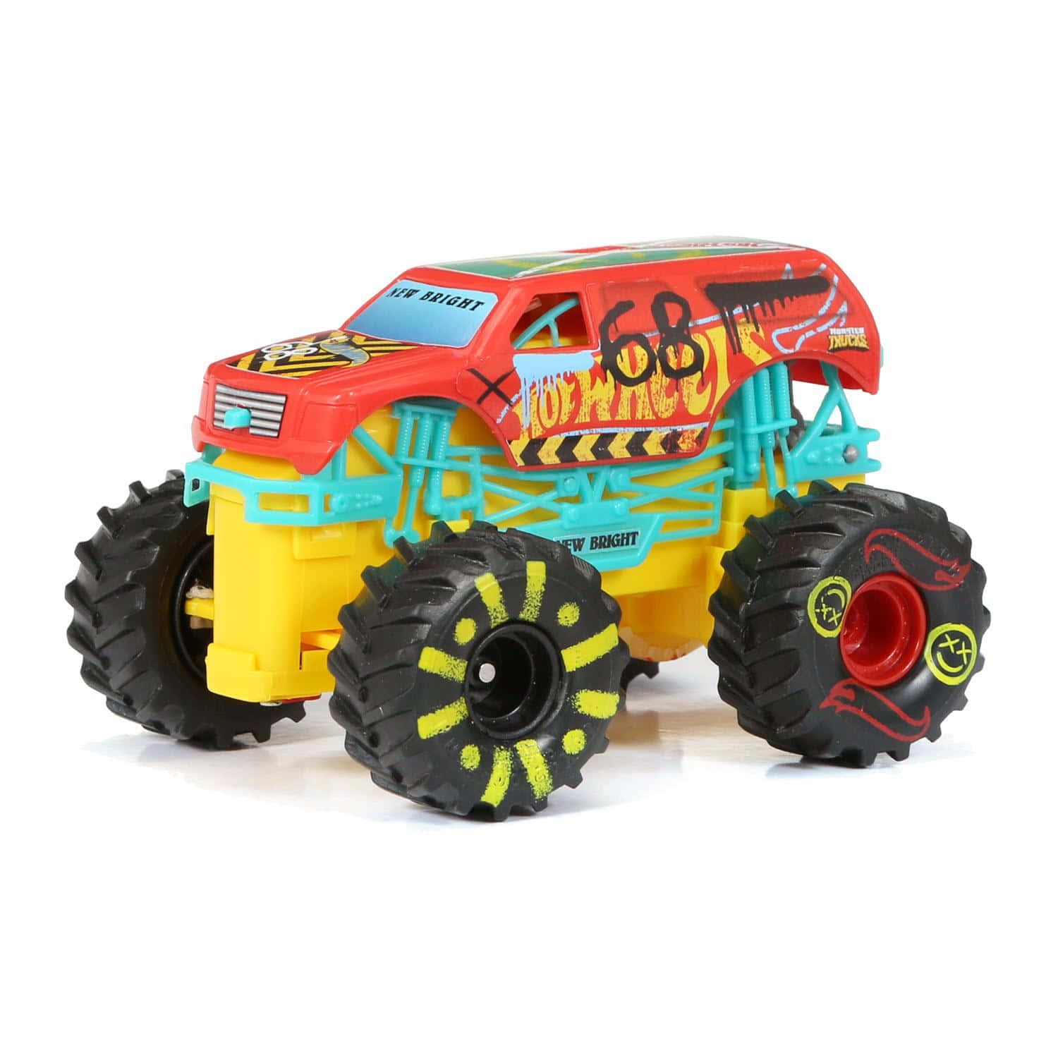 Hot Wheels 怪物卡車與跳台玩具 壁紙 — 一架色彩鮮豔的玩具怪獸卡車，帶有紅色、黃色和藍綠色點綴，以及超大的黑色輪胎，孤立在白色背景上。