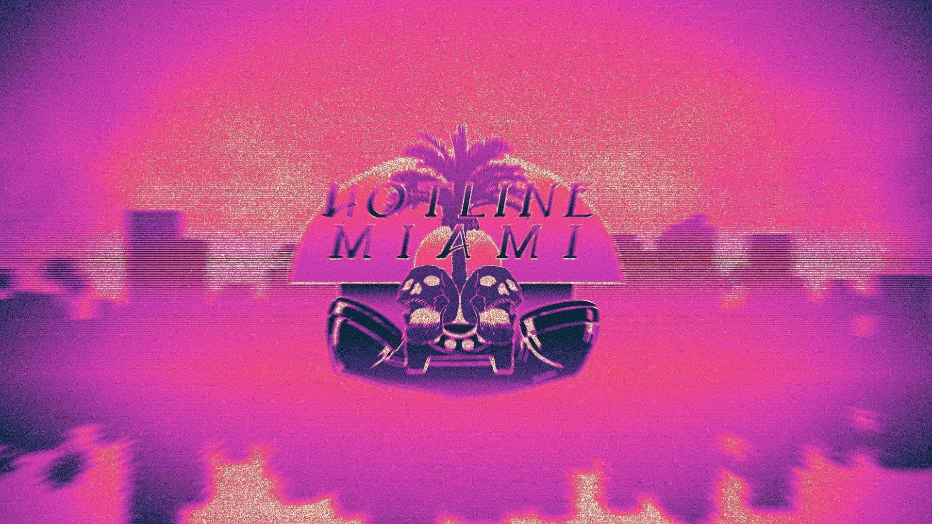 Hotline Miami 桌布 壁紙 — Hotline Miami 的復古電子遊戲標誌，以骷髏車為特色，背景是帶有故障效果的粉紅和紫色城市天際線。