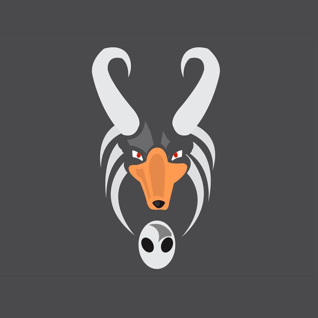 灰調極簡風格 Houndoom 壁紙 — 一個風格化的圖形，描繪一個帶有彎曲白色角、紅色眼睛和橙色喙的威脅性生物，背景為深灰色。