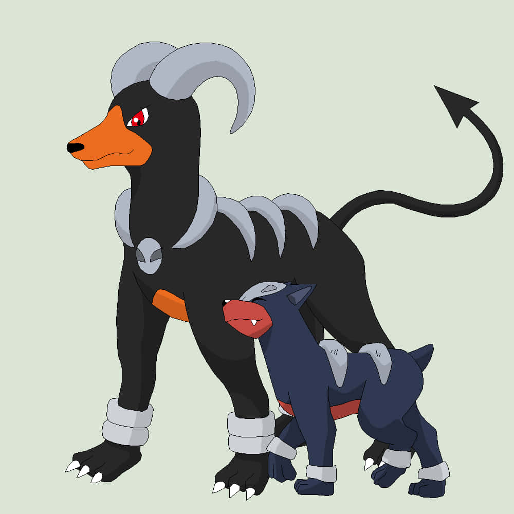 Houndour 與 Houndoom 手機壁紙 壁紙 — 兩隻風格化的寶可夢穿著黑色和灰色盔甲，並排站在純色背景前。