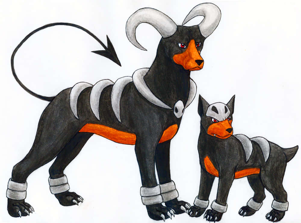 Houndour 與 Houndoom 白底桌面壁紙 壁紙 — 兩隻風格化的黑色和橙色公羊狀生物，帶有白色角和分段盔甲，並排站在純白色背景前。