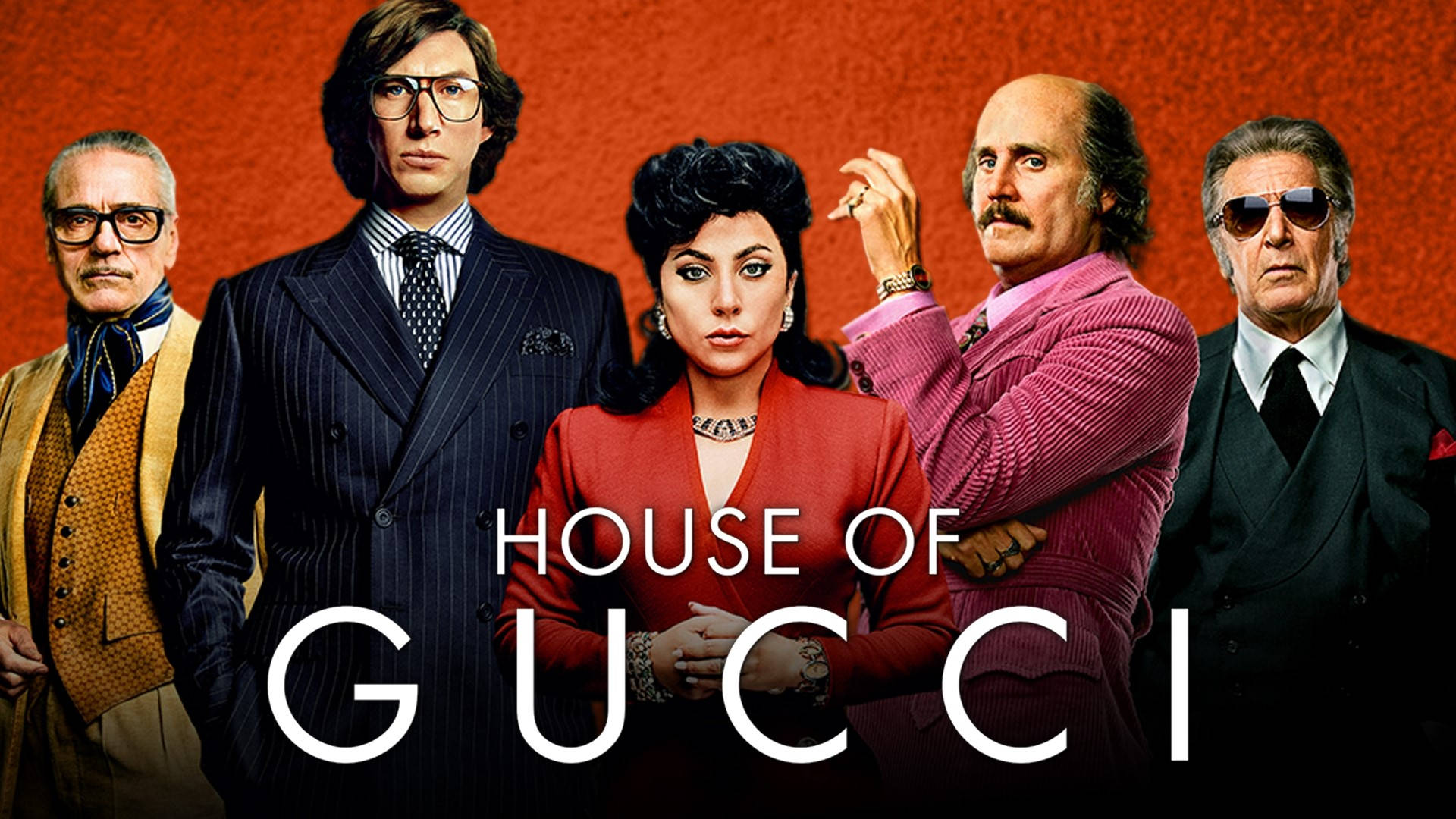 五位來自House of Gucci、衣著時尚的角色，背景為橙色。 — 古奇家族 壁紙