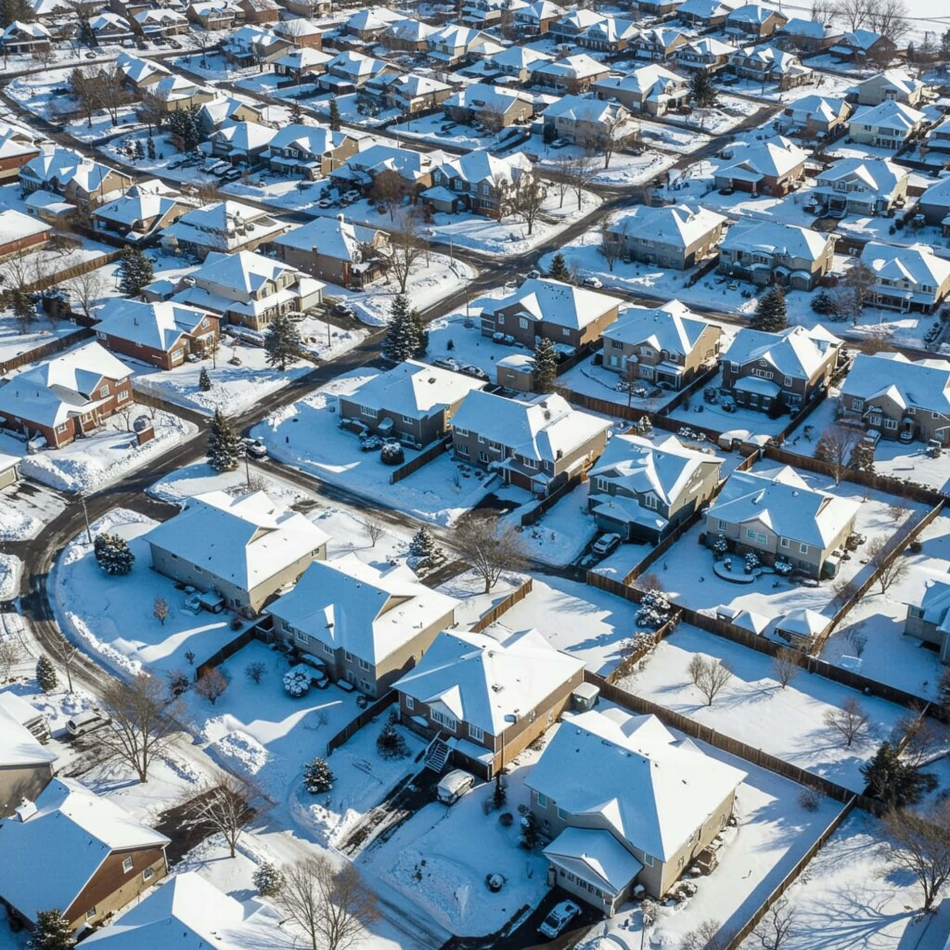 白雪覆蓋郊區房屋、車道和樹木，在明亮的陽光下形成寧靜的冬季社區。
