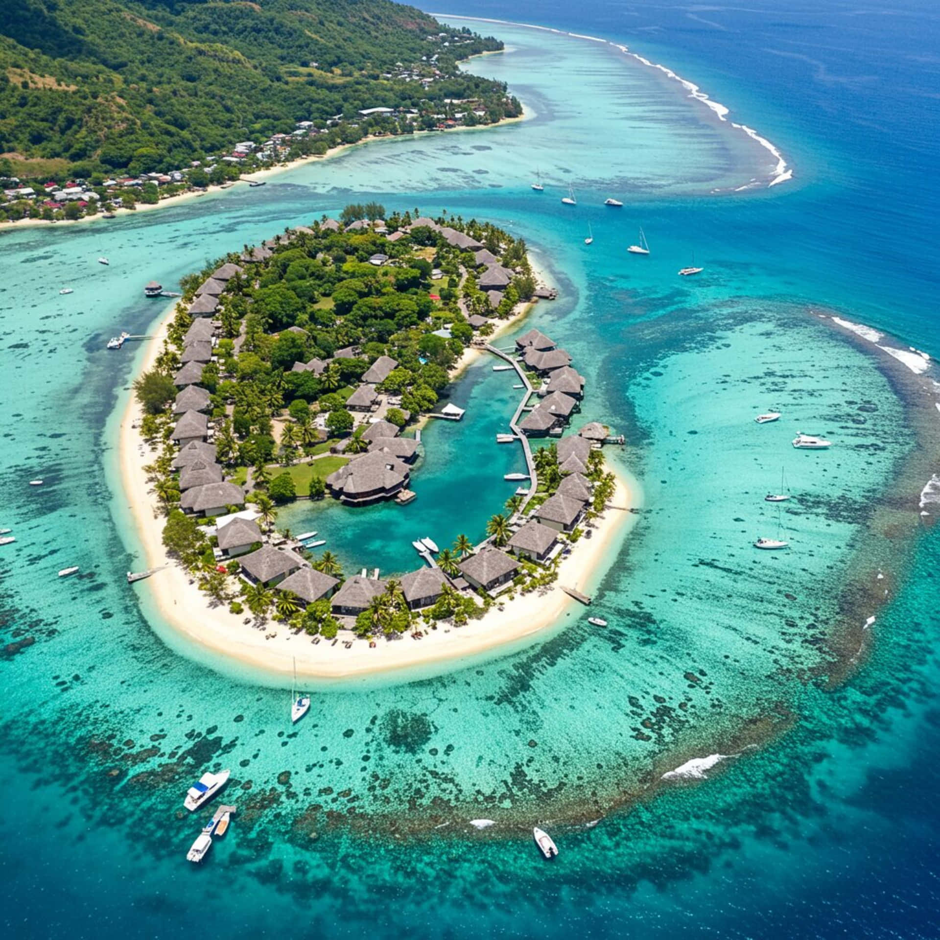 熱帶島嶼度假村，白色沙灘上的平房，周圍環繞著碧綠潟湖和帆船
