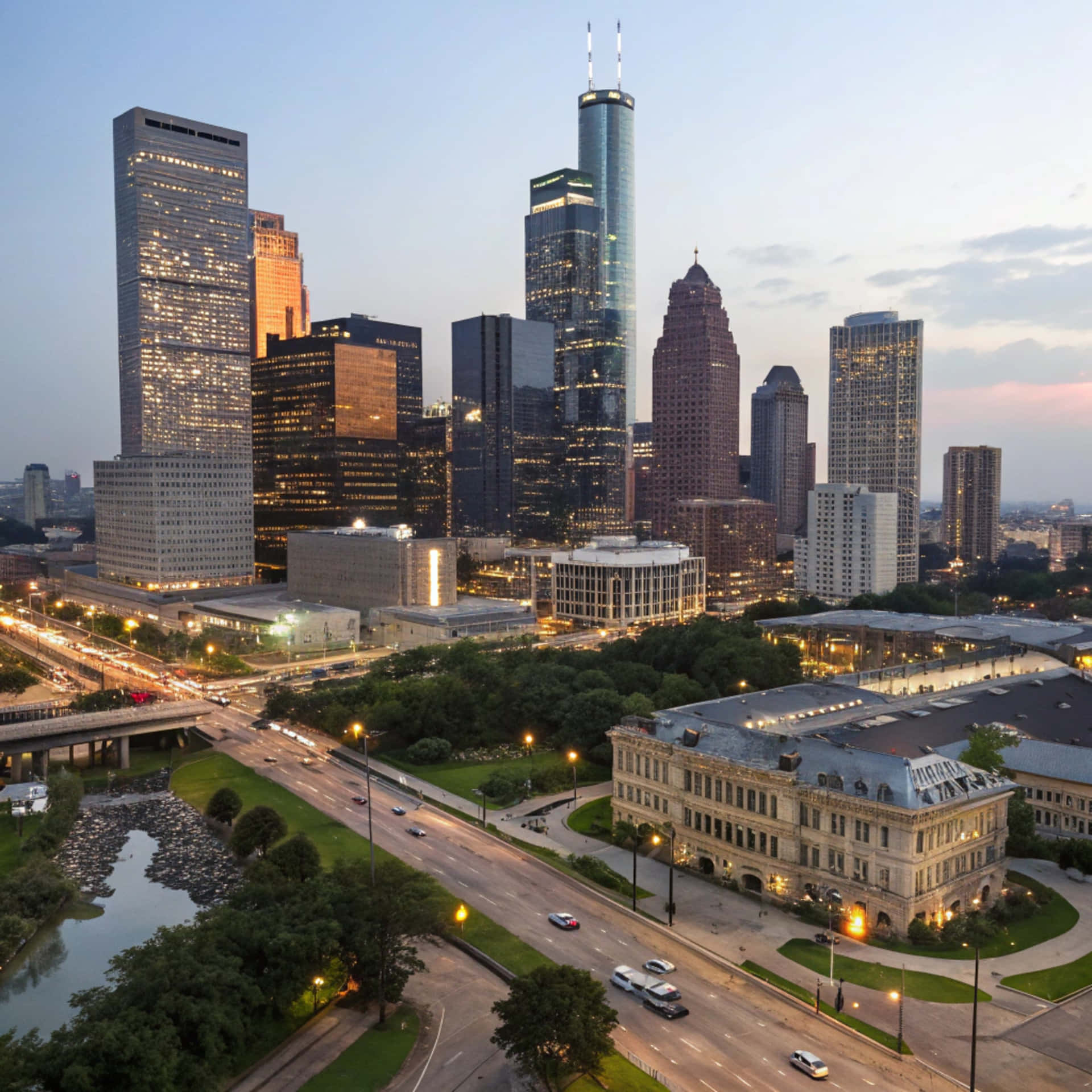 Houston Skyline 壁紙 — 黃昏時分休斯敦市中心的鳥瞰圖，有燈火通明的摩天大樓、沿道路流動的交通和下方的綠地。