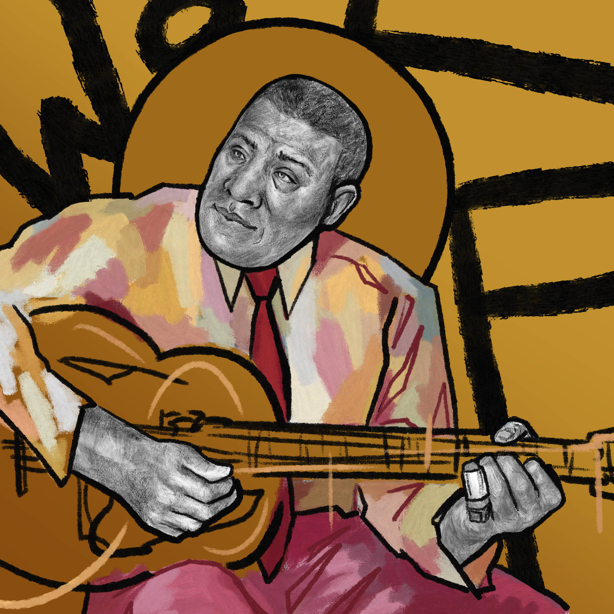 Howlin' Wolf粉絲藝術畫作 壁紙 — 一個風格化的插圖，描繪一個男人在金色背景下彈結他，帶有粗黑輪廓和溫暖的色彩渲染。