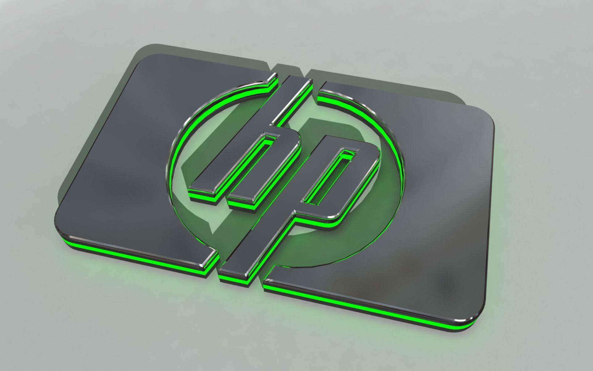 HP 3D金屬墊標誌 壁紙 — 一個時尚的3D渲染HP標誌，帶有發光的綠色邊緣，位於簡約的灰色表面上。