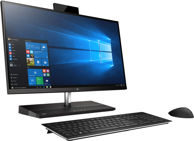 HP 一體式桌面電腦組合 壁紙 — 現代一體式桌面電腦，Windows 10 介面顯示在時尚的黑色顯示器上，配有鍵盤和滑鼠。