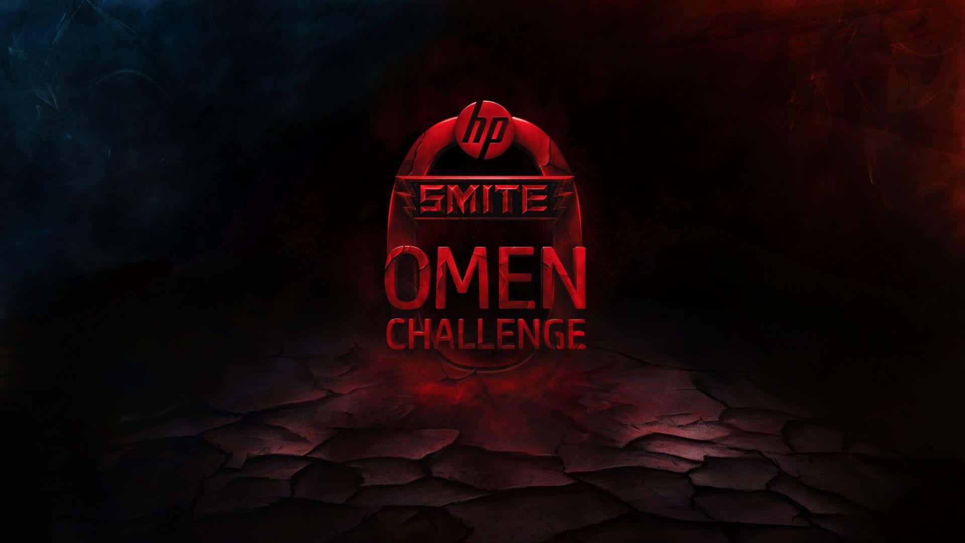 在黑暗煙霧背景下的裂石上，發光紅色Omen Challenge標誌。
