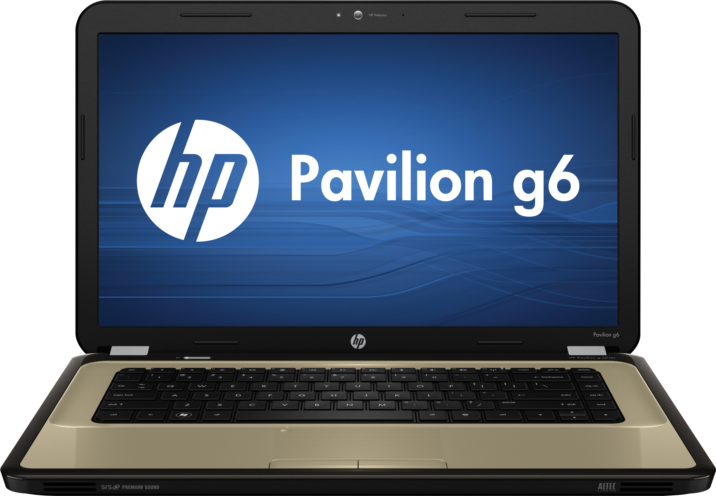 HP Pavilion g6 筆記型電腦 壁紙 — 一部黑色和米色的HP Pavilion g6手提電腦在深色背景上打開，顯示帶有藍色波浪圖案的啟動畫面。
