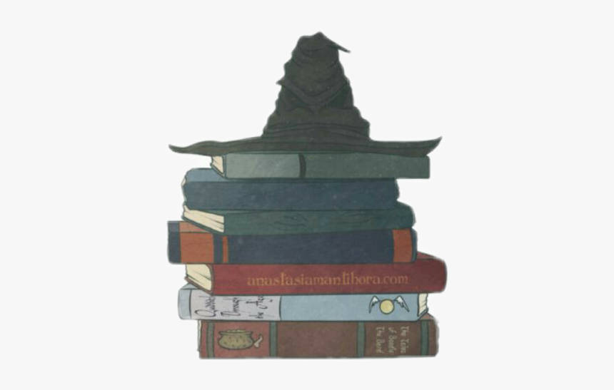 一堆插圖書，頂上有一頂巫師帽。
