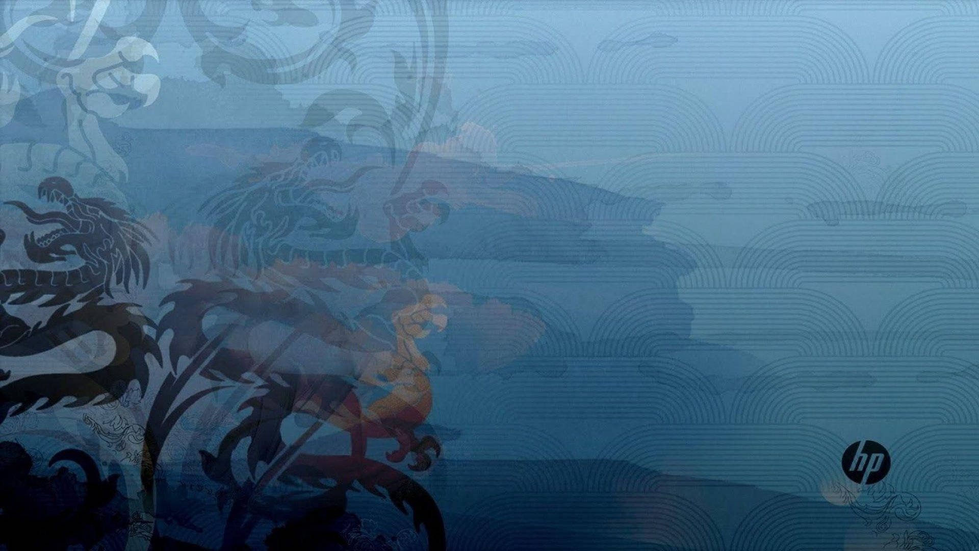 HP東方藍龍設計 壁紙 — 在數碼藝術壁紙中，分層的藍色漸變和波浪圖案中浮現出風格化的龍和戰士剪影。