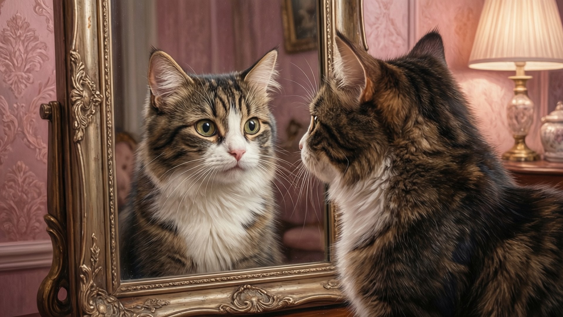 Mirror Gaze Mimi 壁紙 — 一隻綠眼虎斑貓在粉紅色錦緞牆紙背景下，專注地凝視著華麗金框鏡中的倒影。